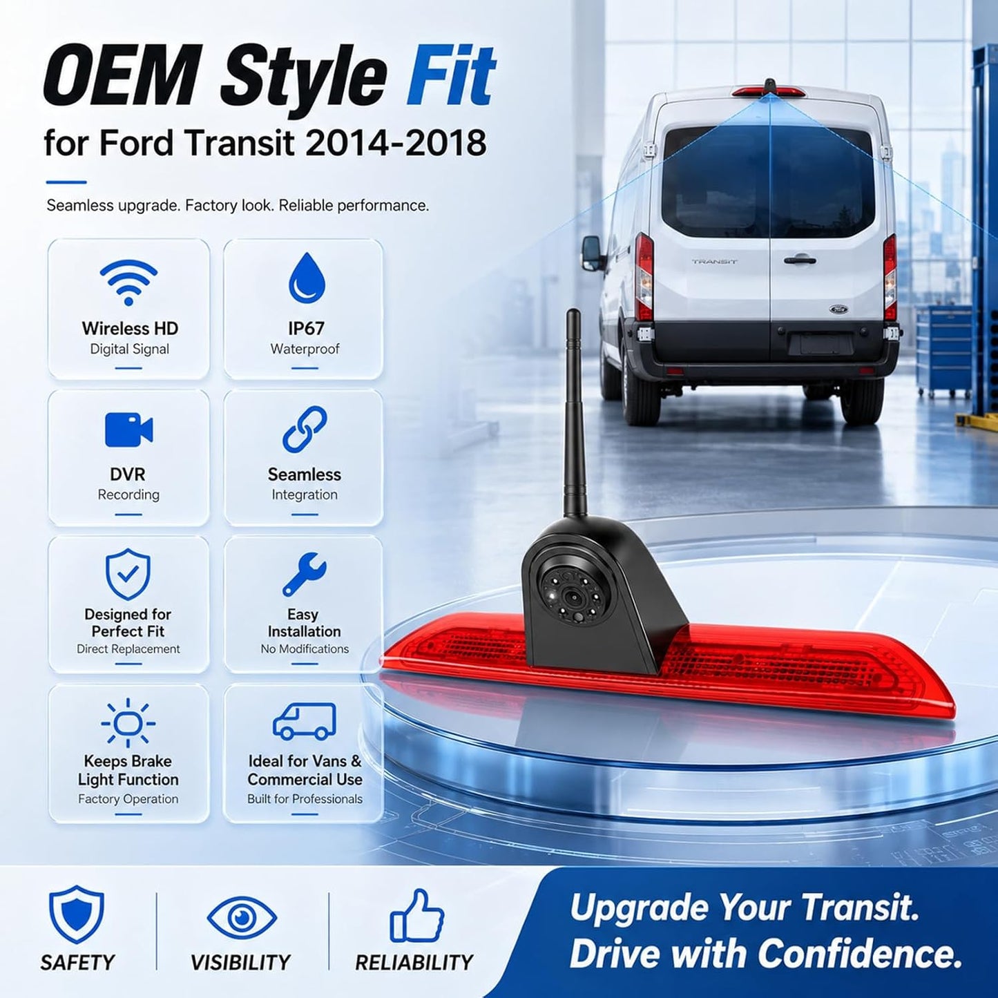 Wireless Backup Camera for Ford Transit 2014-2018, 3rd Brake Light Rear View Camera System with 7" Monitor, High Mount Roof Reverse Camera, IR Night Vision, Parking Assist