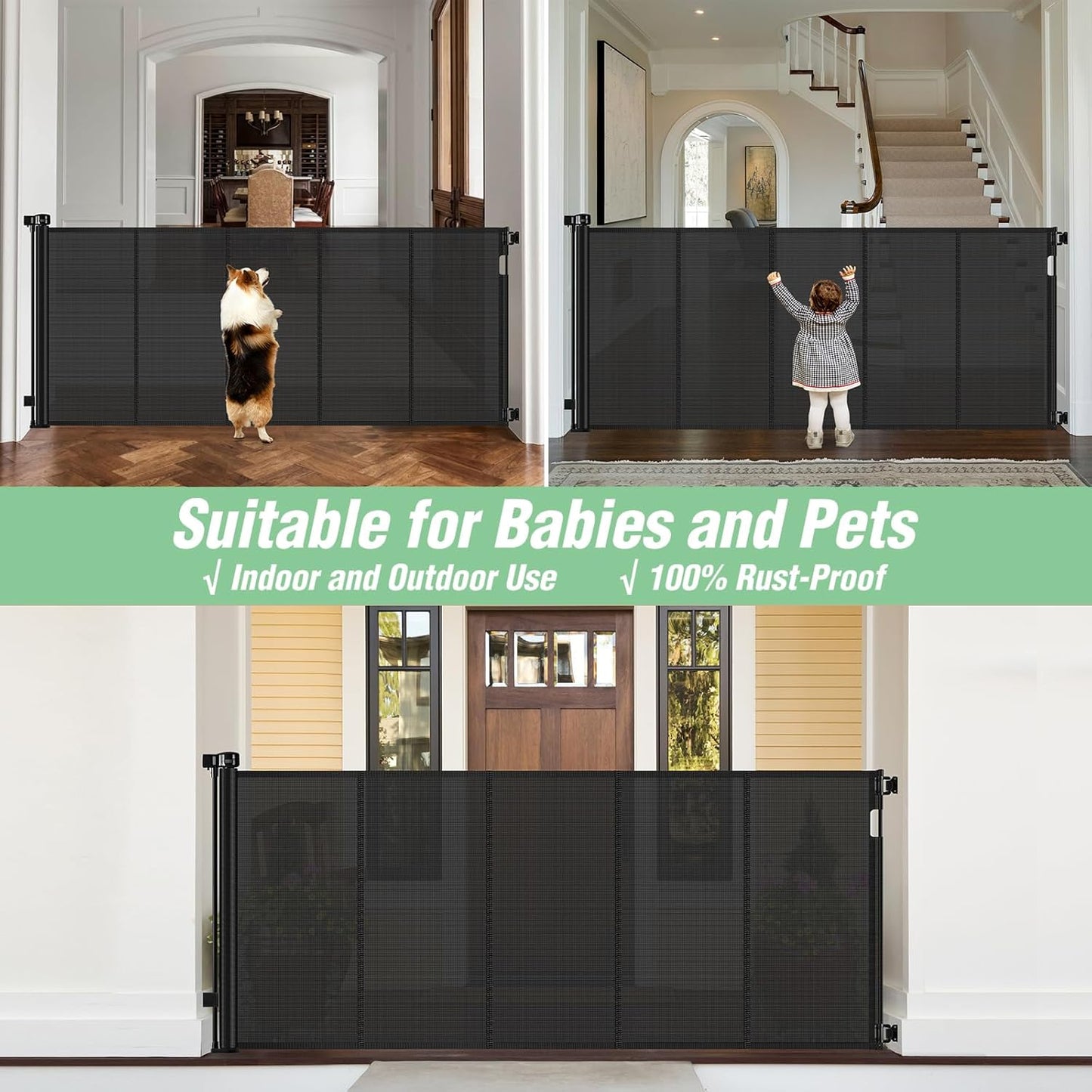 Reinforced 42 Inch Extra Tall Pet Gate with Support Rods, 96' Wide Retractable Baby Gate, Prevent Crawling Under Extra Tall R