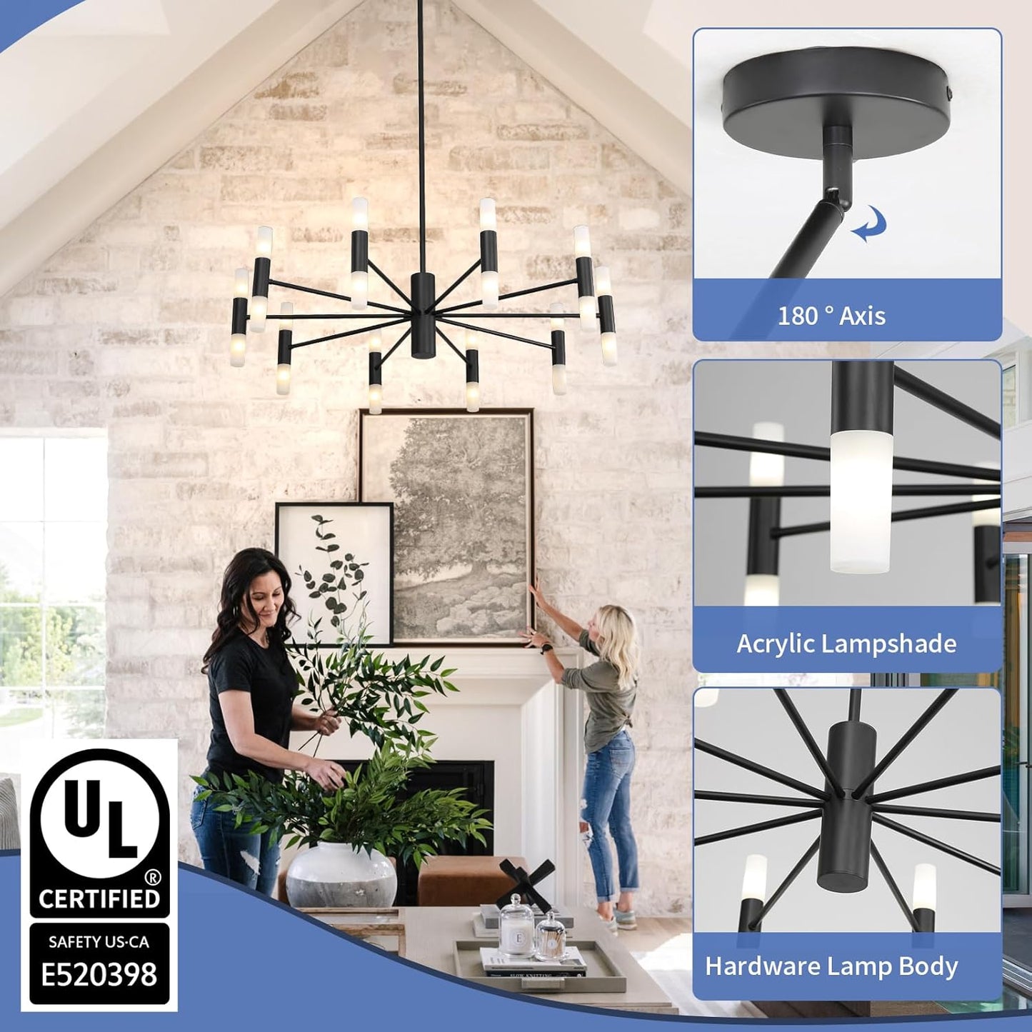 Jodauirt Mid-Century Modern Chandelier 20-Light Black LED Sputnik Chandelier Vintage Farmhouse Flush Mount Ceiling Light Fixture with White Acrylic