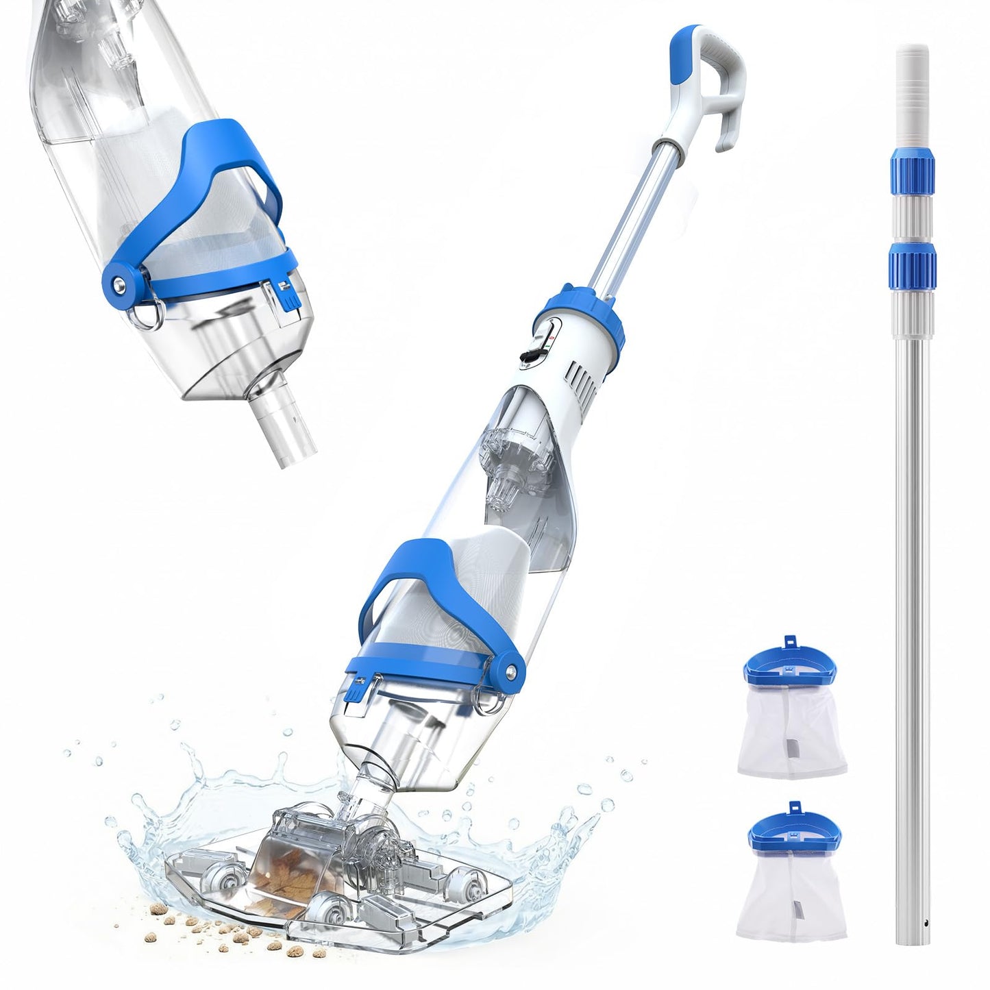 Pool Vacuum for Above Ground & Inground Pools, Consciot Cordless Handheld Rechargeable Pool Cleaner, 1110 GPH Suction, 75Min Runtime, Telescopic Pole up to 87.5", See-Through Head for Spas & More Blue & White