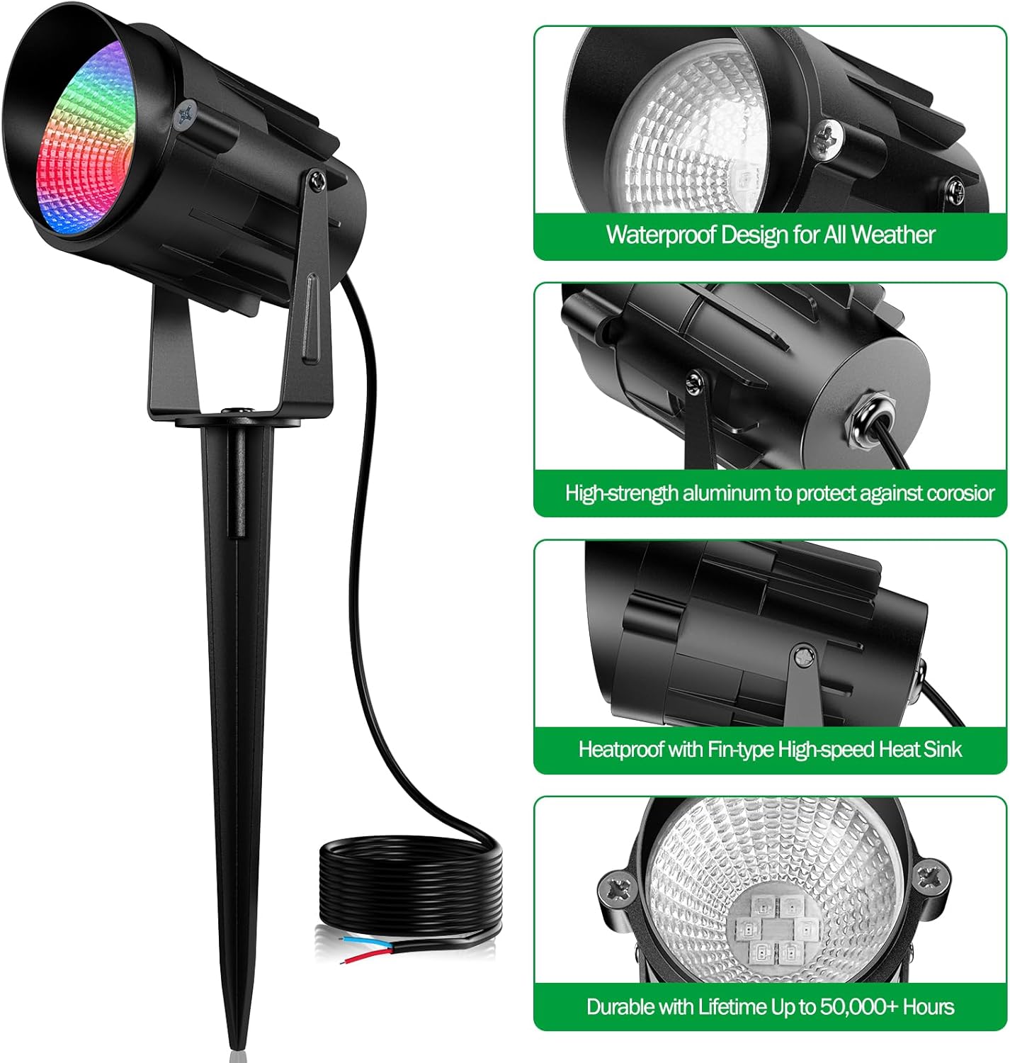 JIAQIYAN RGB Outdoor LED Spotlight Landscape Lighting 12W Color Changing Landscape Lights with Remote Control 120V RGB Waterproof Spot Lights Outdoor