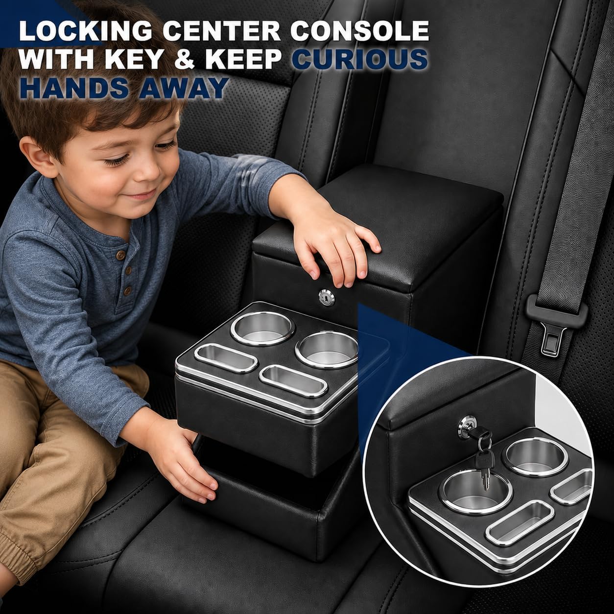24L Center Console Between Seats for Minivans, SUVs and Trucks, Floor/Bench Seat Organizer with Locking Hidden Storage, Dual Cup Holders, Padded Armrest, Tool-Free Installation