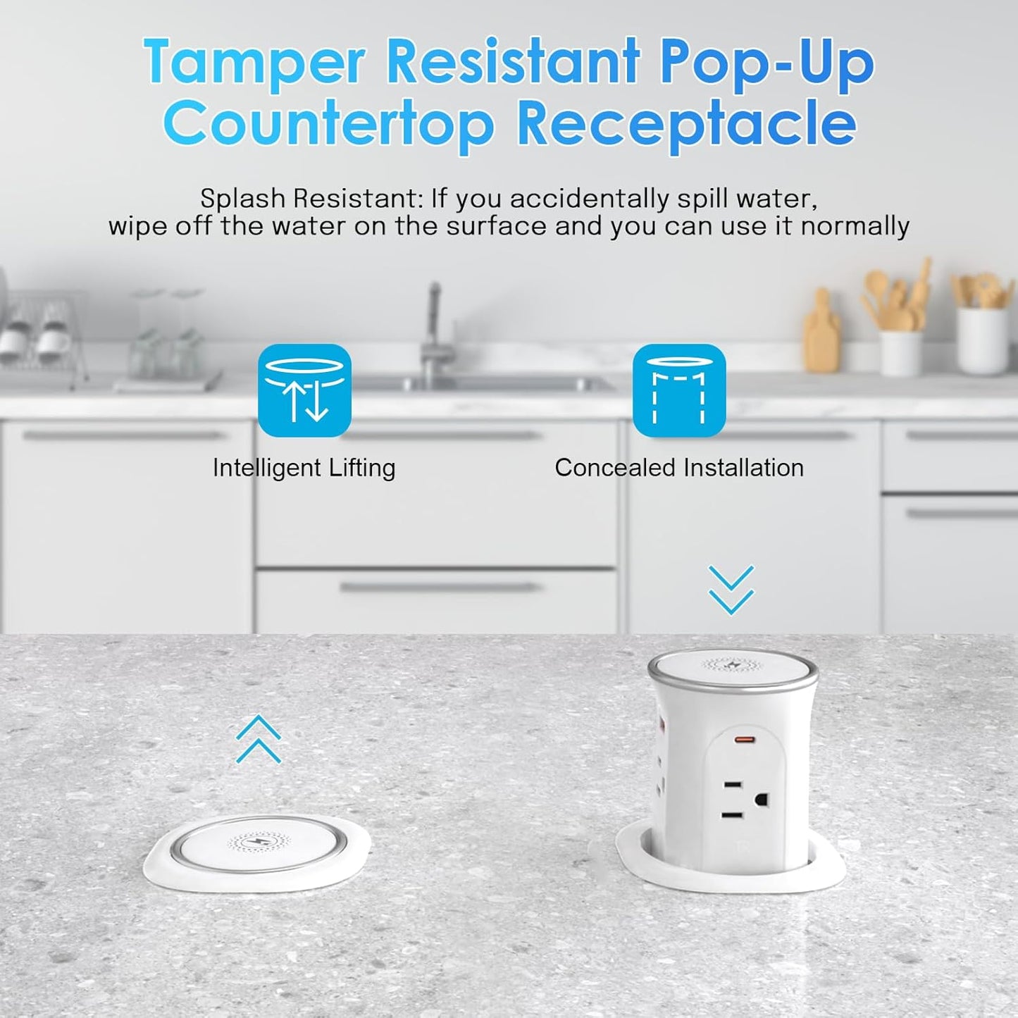 3.15in Pop Up Countertop Outlet with 15W Wireless Charger, Max 20W USB Power Delivery 15A Tamper Resistant, Desktop Mount