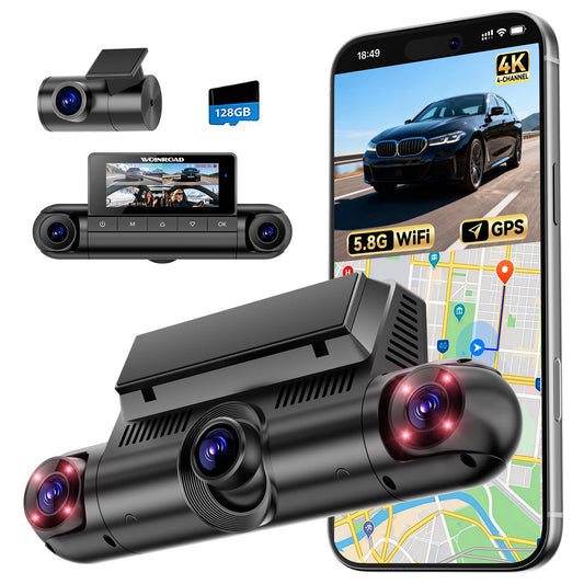 4K+3x1080P 4 Channel Dash Cam, 360° All-Around View Dash Camera for Cars, Free 128GB Card Included, Built-in GPS, 2.4GHz Wi-Fi & App, 8 IR Night Vision, G-Sensor, 24H Parking Mode(Supports 256GB Max)
