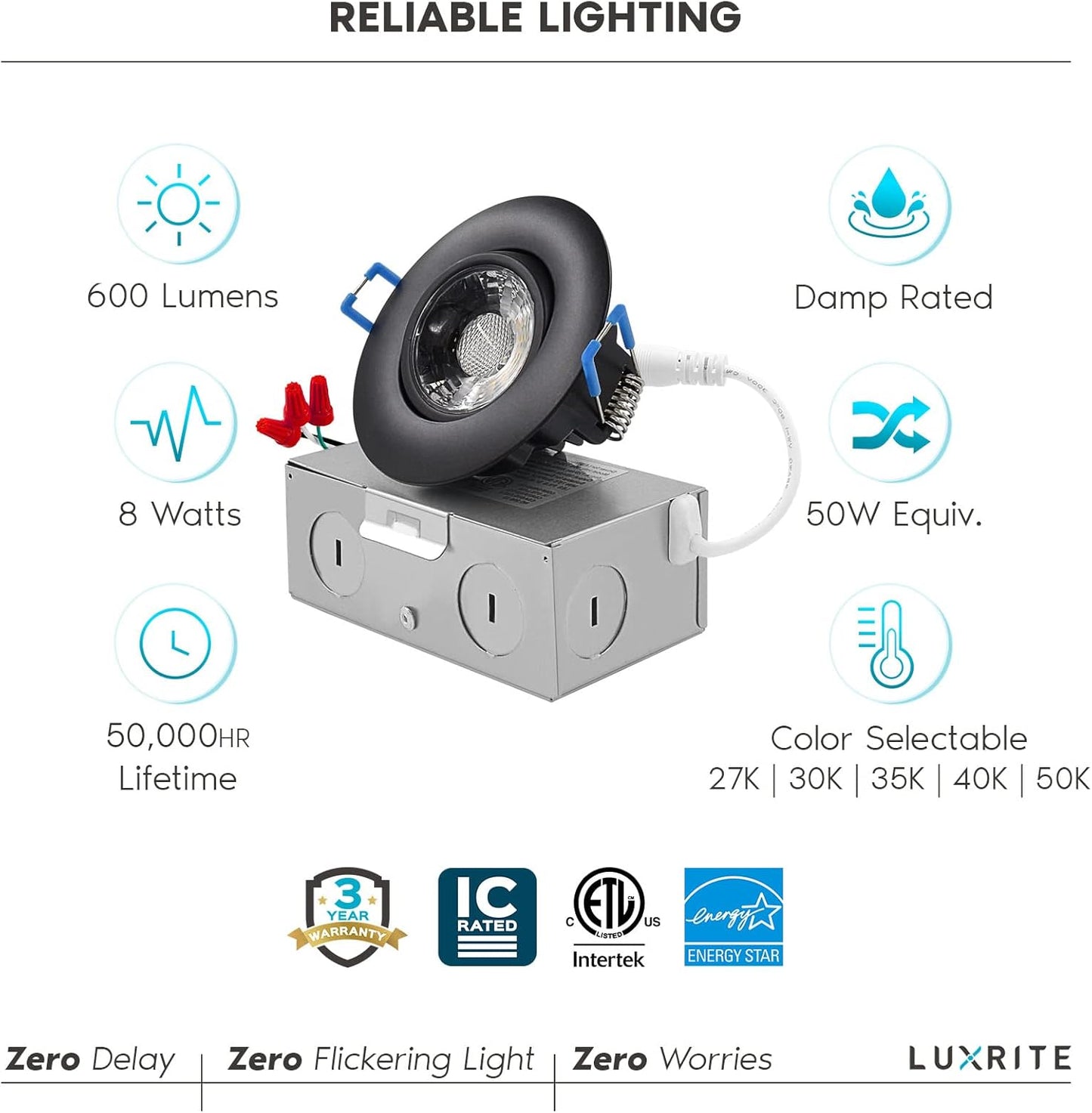 LUXRITE 3 Inch Gimbal LED Recessed Light with Junction Box, 5CCT Color Selectable 2700K-5000K, Dimmable Adjustable Eyeball Swivel Lights, 600 Lumens,