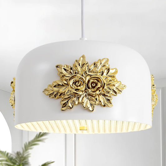French 3-Light Gold Flower Pendant light, Elegant Floral Kitchen Island Chandelier Small Vintage Fixture 10.2 inch Art Deco Rose White drum-shaped Adjustable Hanging For Dining Room Hallway Entryway.