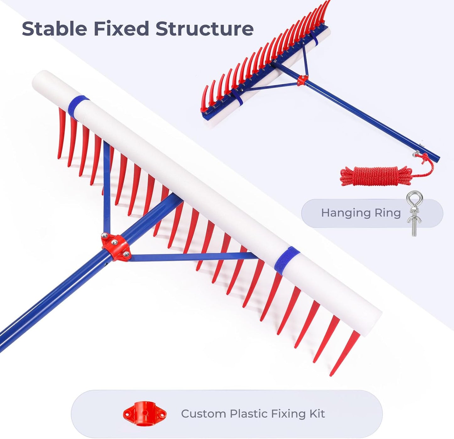 40" Extra-Large Heavy Duty Lake Weed Rake for Ponds & Lakes with 11" Long Plastic Tines, 11ft Commercial-Grade Aquatic Weed Removal Tool, Deep Water Weed Cleaner for Large Water Areas