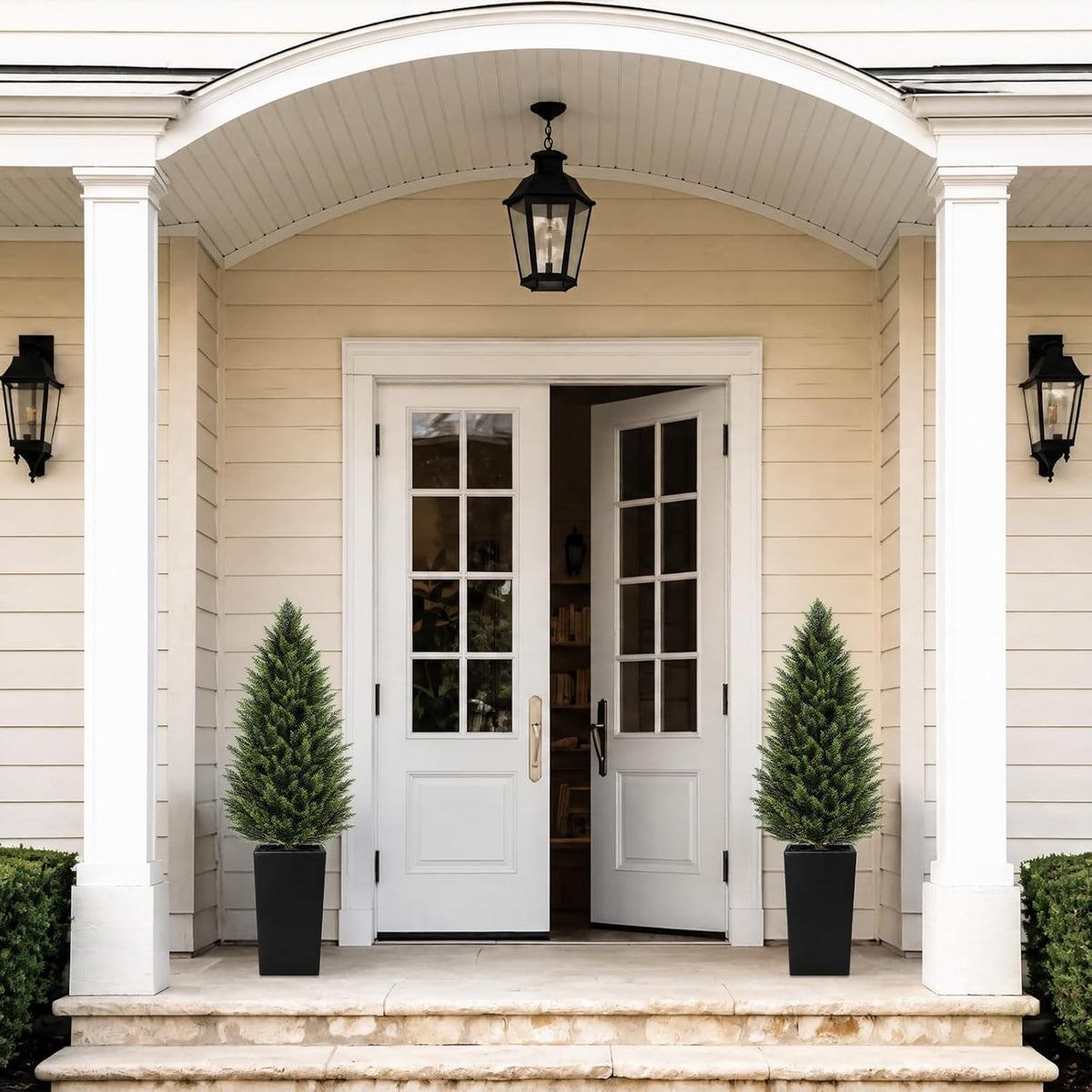 4FT Artificial Cedar Topiary Trees 2 Pack, Realistic Faux Cypress Trees with Square Black Planter Pot, UV Resistant Outdoor Evergreen Plants for Front Porch Patio Garden Landscape Decor Black Square Planter 4ft