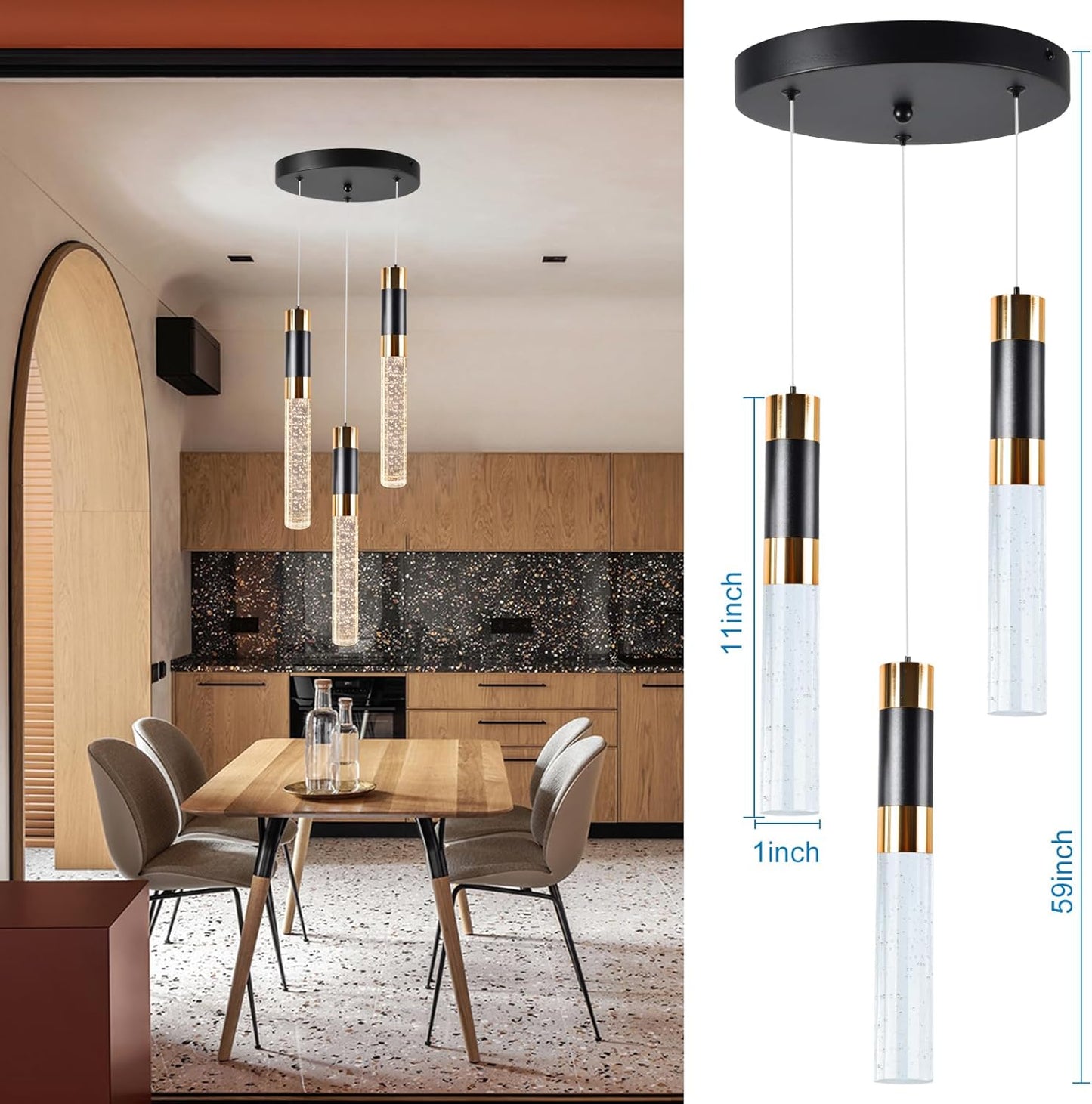 ELEKICO Crystal Modern 3-Light Black and Gold Led Pendant, Light Fixture