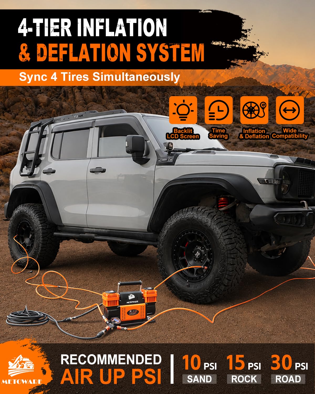 METOWARE 4 Tire Inflation & Deflation System with Digital Gauge, Air Up Down Kit for Truck SUV Off-Road, 4-Wheel Inflation All at Once, Fits Up to 255" Wheelbase, Leak-Free Design, Manual Bleed Valve