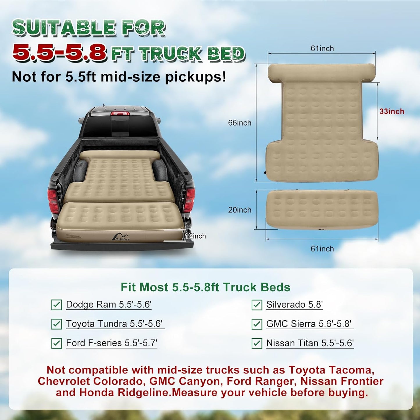 Truck Air Mattress for 5.5-5.8ft Short Truck, Truck Bed Air Mattress with Maximized Space Design, Wireless Rechargeable Pump, Effortless Setup, Full