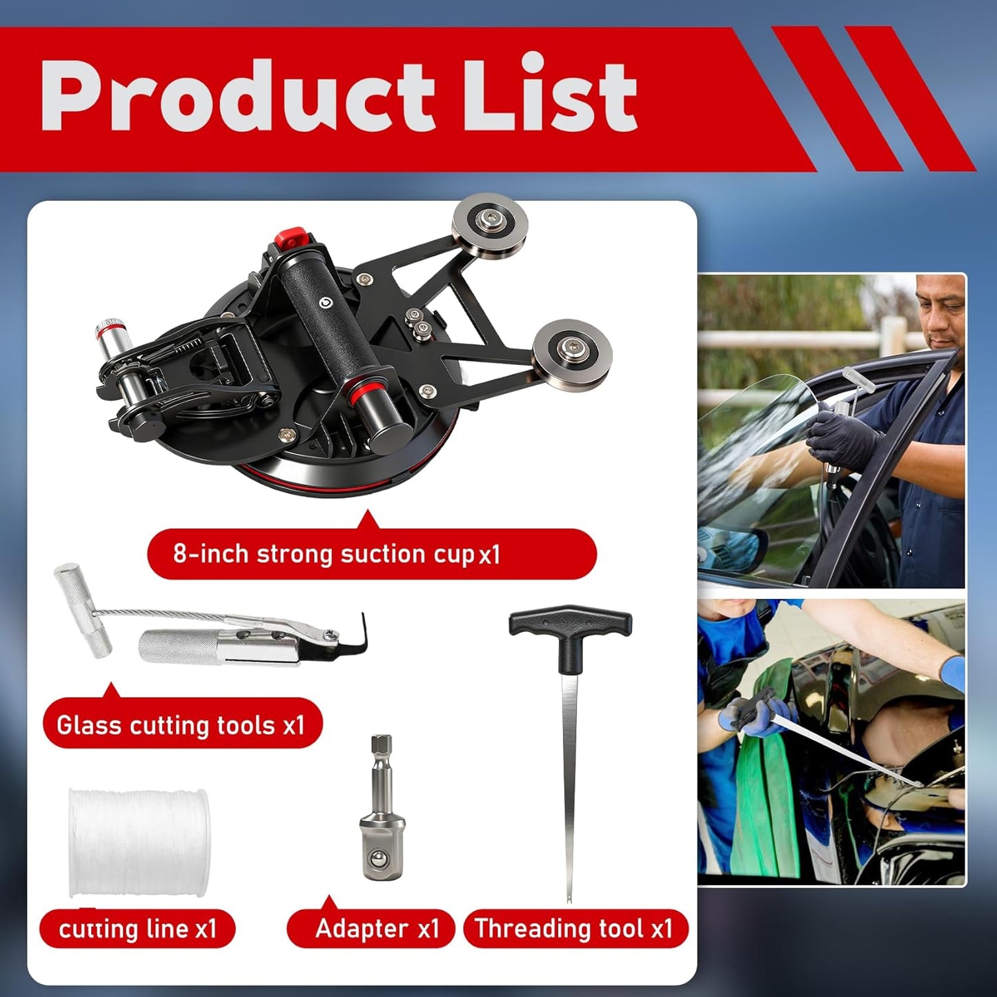 Auto Windshield Removal Tool Kit,Heavy Duty 8Inch Suction Cup (770-lb) with Self Locking Dual Cutting System & 1.2mm Reinforced Cutting Wire for The Quick and Safe Removal of Car Windshields