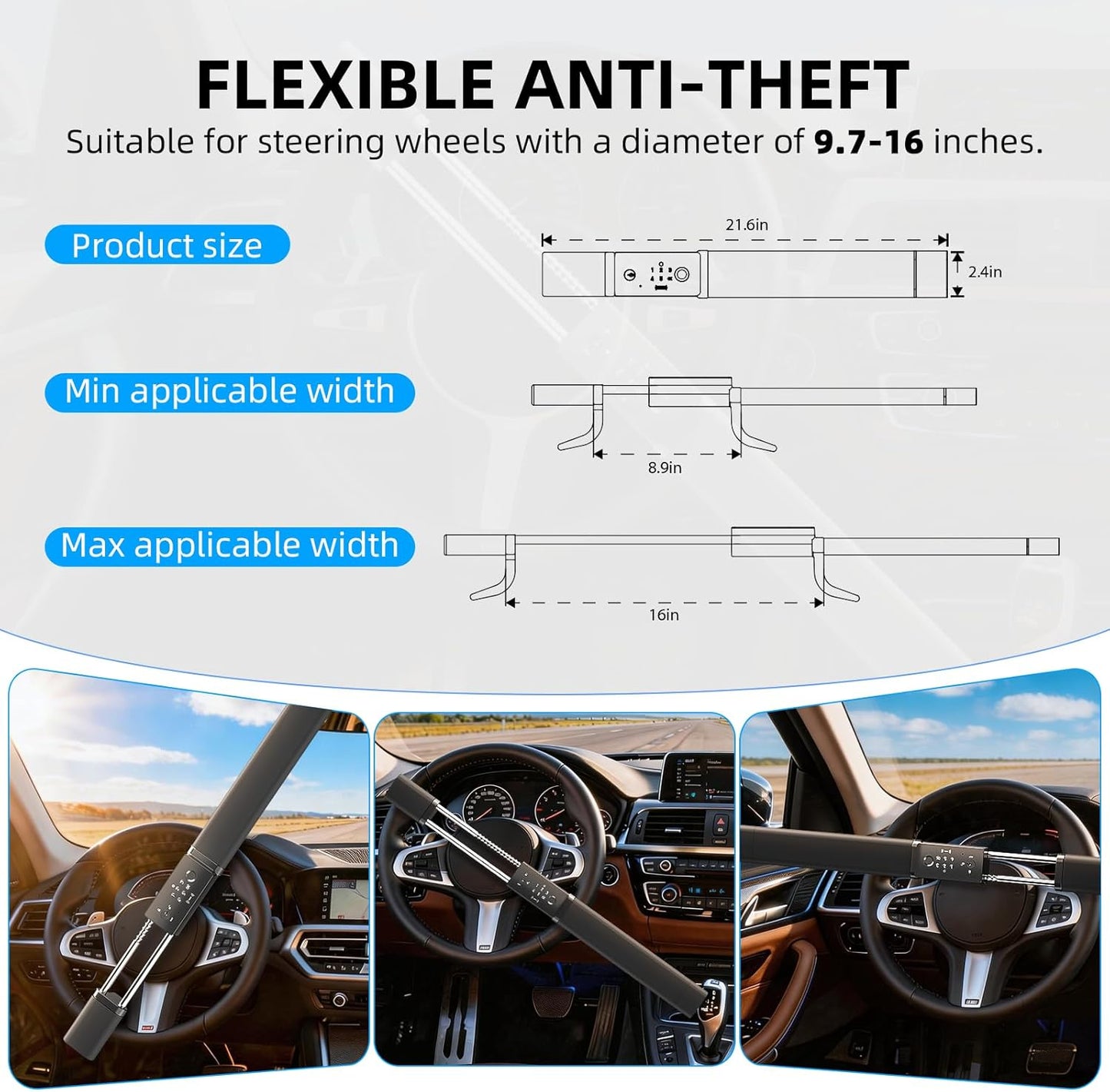 eRapta Smart Steering Wheel Lock, Fingerprint and Numeric Keypad Antitheft Car Security Lock with Dual Alarm, Adjustable Length for Universal Standard Shaped Steering Wheels, Window Breaker Included