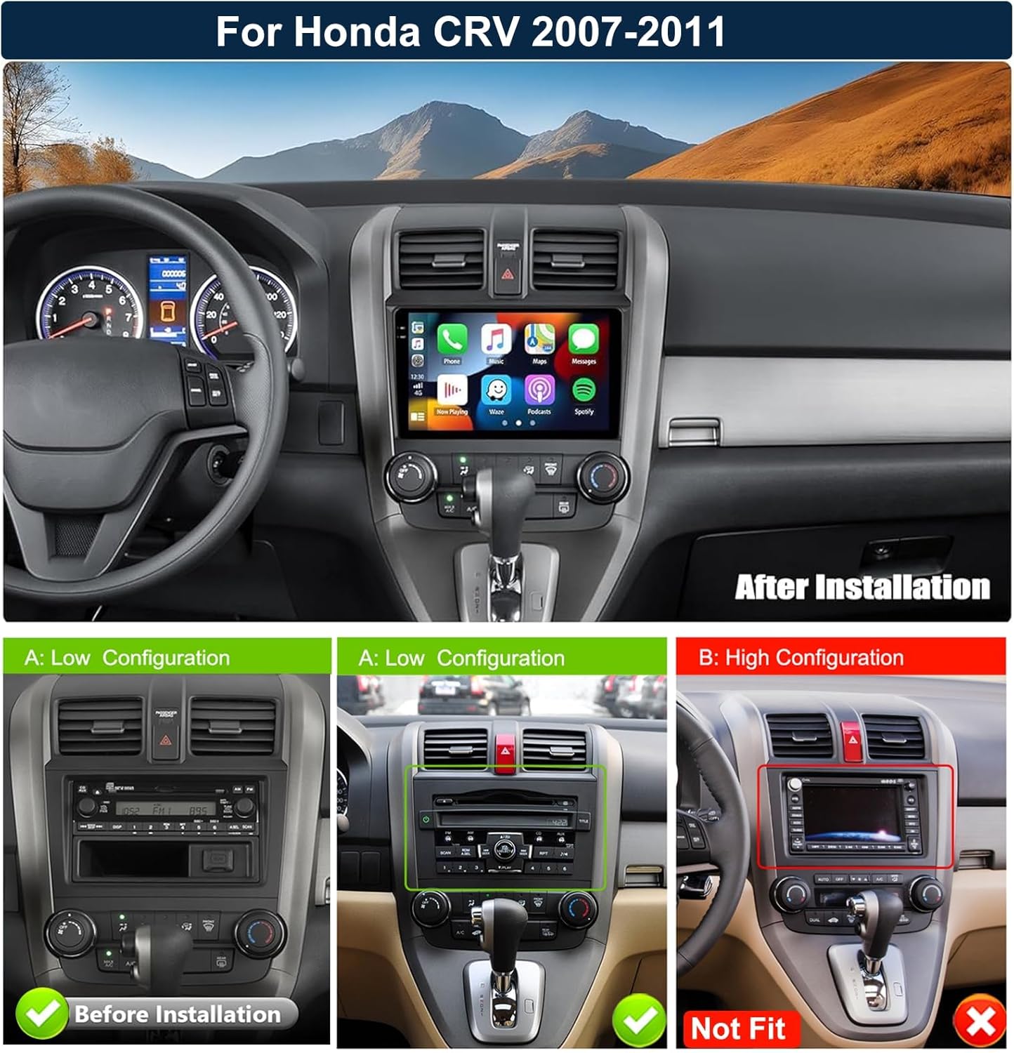 SIXTOP 2G+64G Android Car Stereo Radio for Honda CRV 2007-2011 Wireless CarPlay Android Auto 9 inch HD Touchscreen GPS Navigation Bluetooth FM/AM/RDS 26UI Mirror Link SWC EQ AHD Rear Camera Mic
