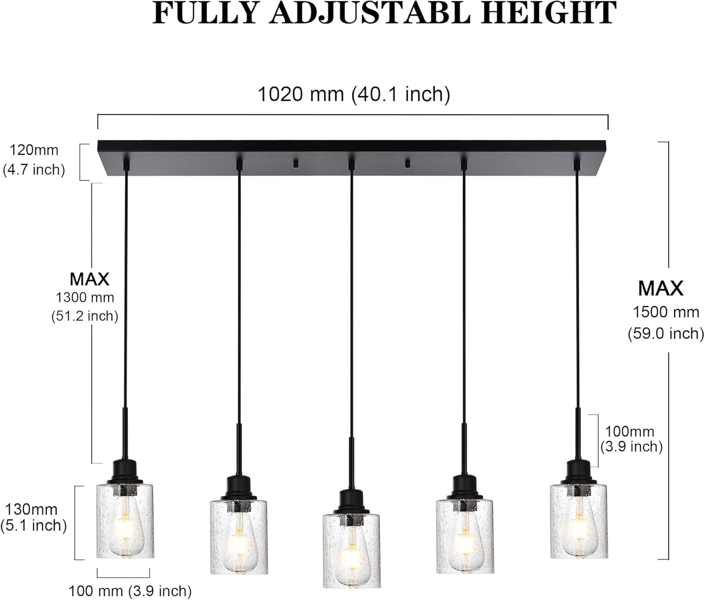 Black Chandelier 5 Light Dining Room Lighting Fixtures Hanging Linear Pendant Lights Industrial Modern Chandelier with Seeded Glass for Kitchen