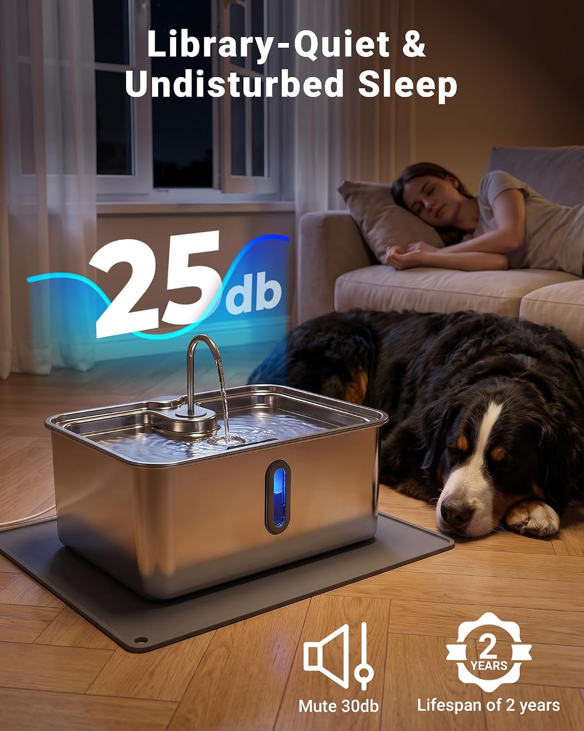 5.55 Gal Mega-Capacity Dog Water Fountain for Giant Dogs, Polished Silver | 21L Large Dog Water Bowl Dispenser, Stainless Steel, Visible Window & Alert Light, Included Silicone Mat & 3 filters 5.55 Gal Dog Fountain, Polished Silver