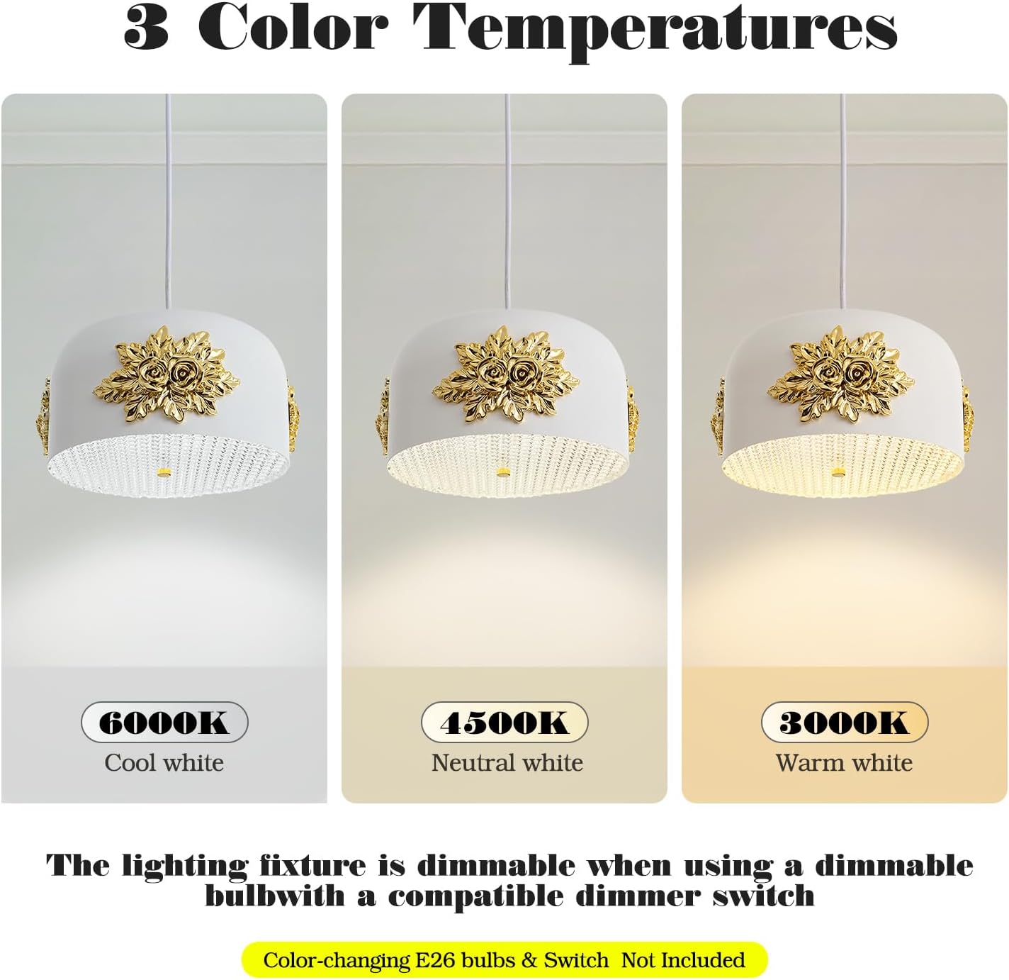 French 3-Light Gold Flower Pendant light, Elegant Floral Kitchen Island Chandelier Small Vintage Fixture 10.2 inch Art Deco Rose White drum-shaped Adjustable Hanging For Dining Room Hallway Entryway.