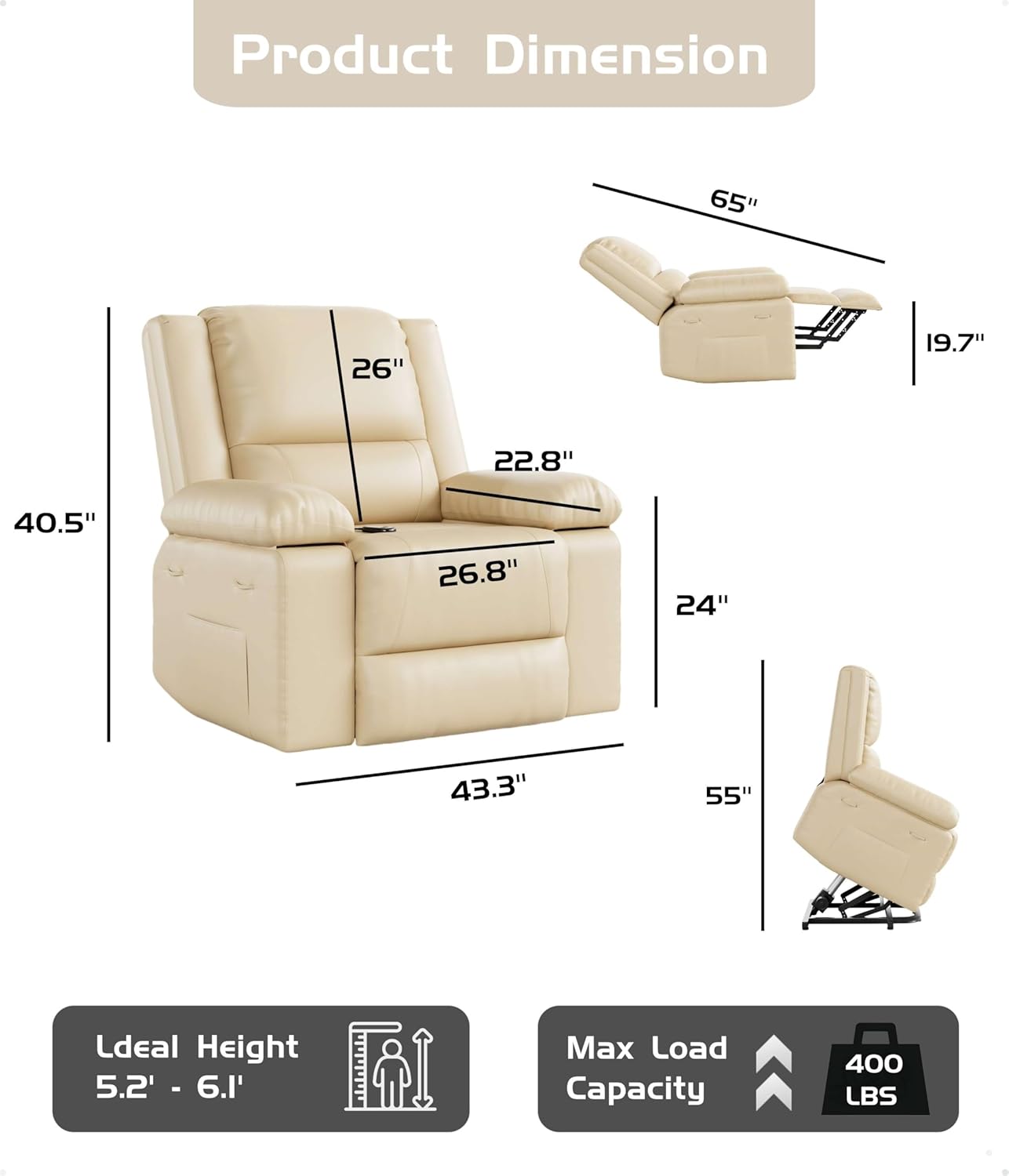 Power Lift Recliner Chair - Heat and Massage, Adjustable Back and Legs, PU Leather Electric Lift Chair