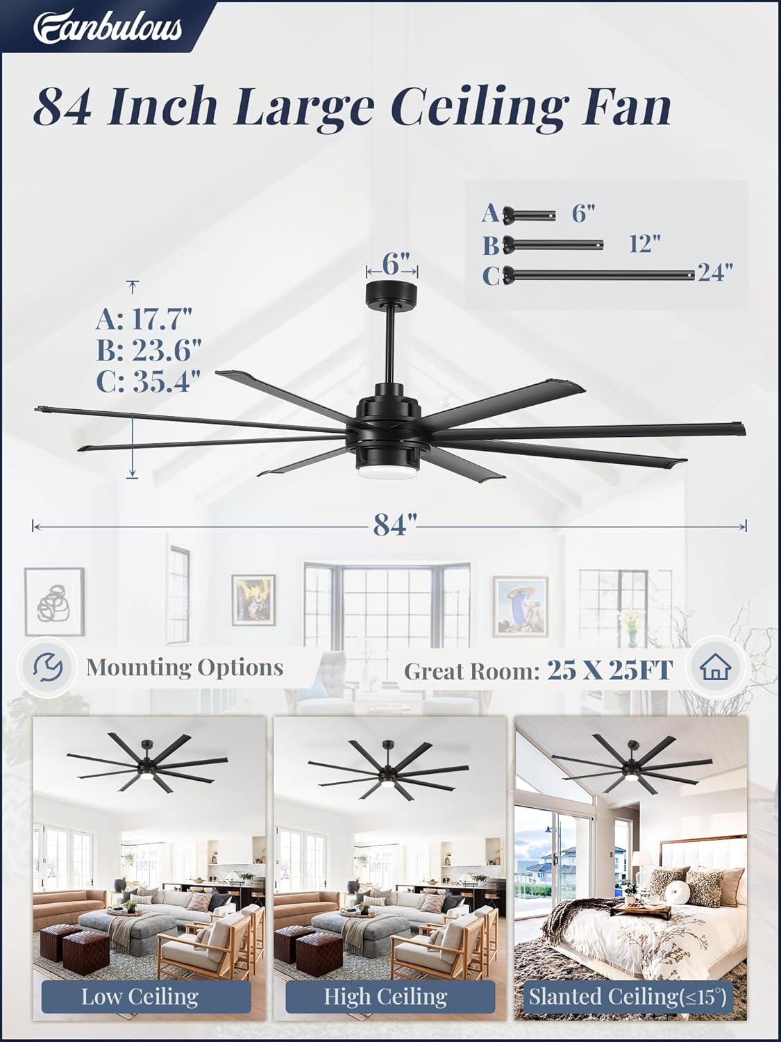 Fanbulous 84 inch Large Ceiling Fan Outdoor Industrial Ceiling Fan with Light and Remote, 6-Speed, 3CCT, 8 Aluminum Blades, Modern Black Big Assed