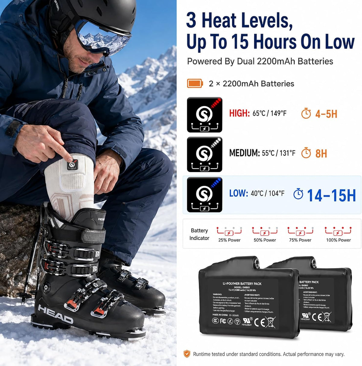 SUN WILL Heated Socks for Men and Women, USB Rechargeable, 3 Heat Levels White X-Large