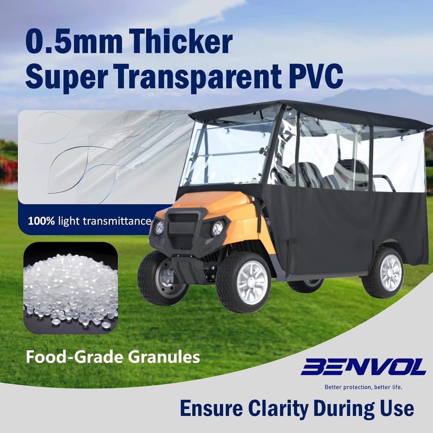 BENVOL Golf Cart Enclosure 4 Passenger –Roof Up to 78", Heavy Duty 900D Waterproof Rain Cover,0.5mm Clear PVC, Fits Club Car Precedent/Onward/Tempo, EZGO & Yamaha, Winter Windprood Cover 4seat-black