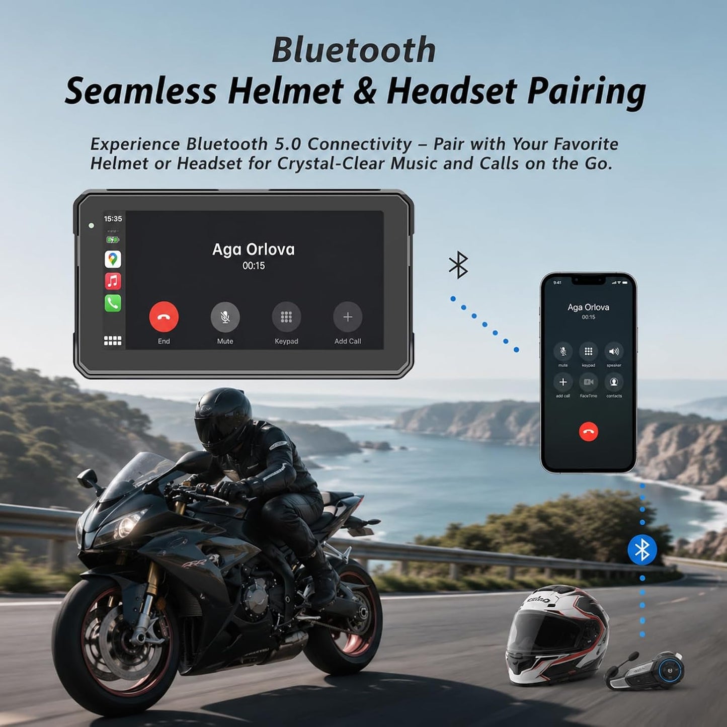 7-Inch Motorcycle CarPlay with TPMS, Apple CarPlay & Android Auto, Portable Display, Dual Bluetooth, Motorcycle Mount Included 7in
