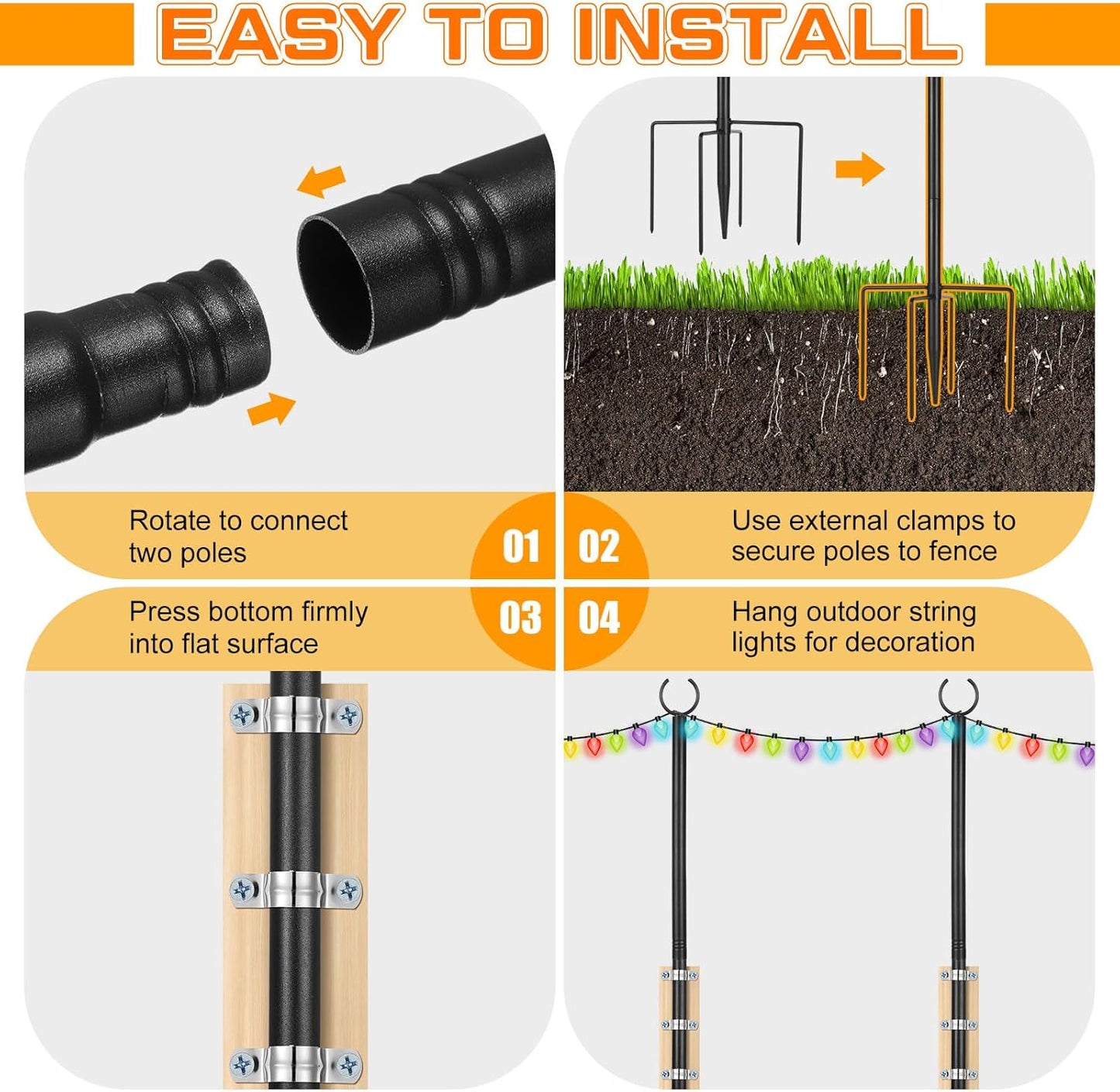 6 Set String Light Poles with Hooks, 9ft Metal Light Pole, Outdoor 2 in 1 Light Poles with Fork