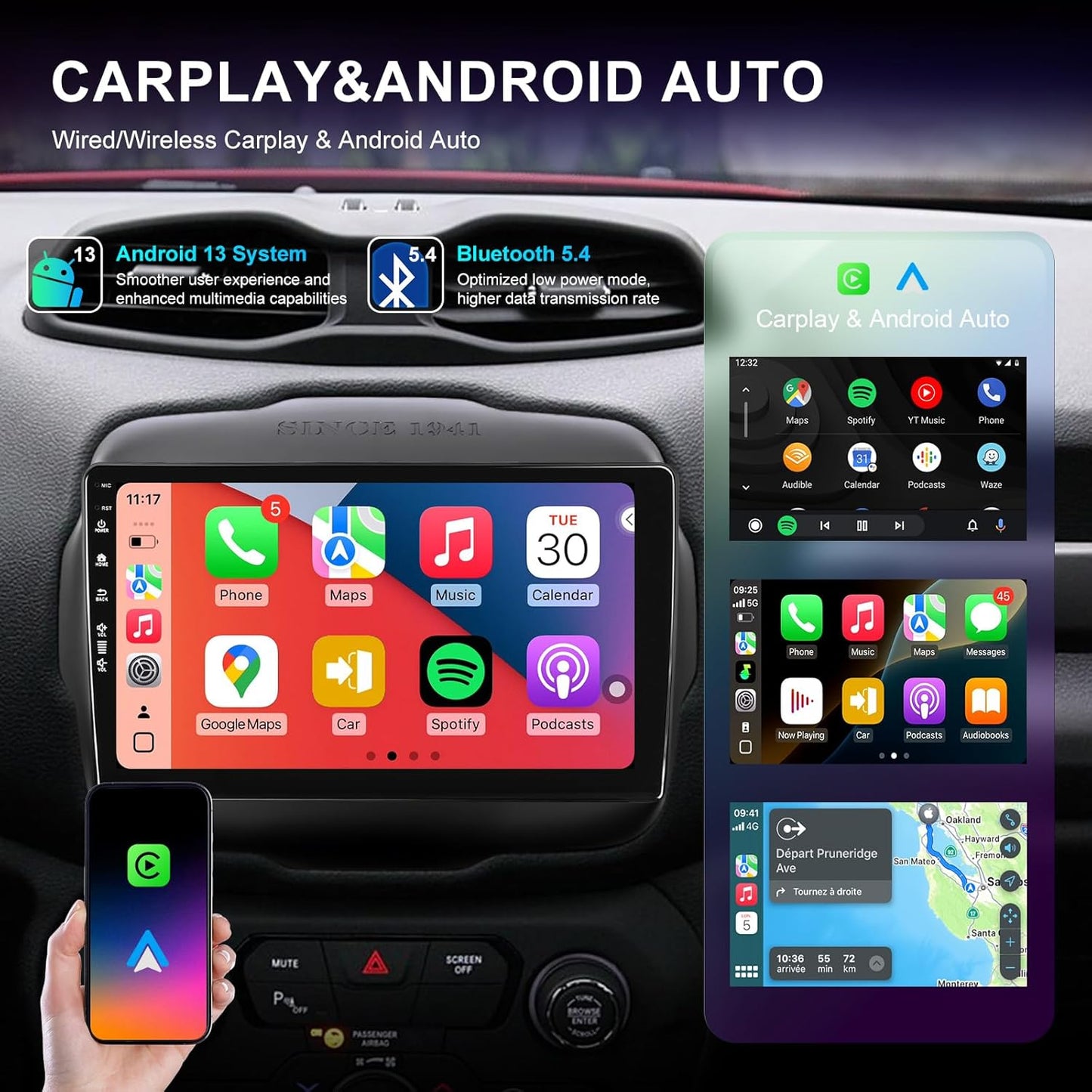 5G-WiFi6 Car Radio Stereo for Jeep Renegade 2015-2020,9 inch Android 13 Touchscreen Head Unit with Wireless Carplay Android Auto GPS Navigation Bluetooth SWC FM HD Backup Camera (2Ram 64Rom)
