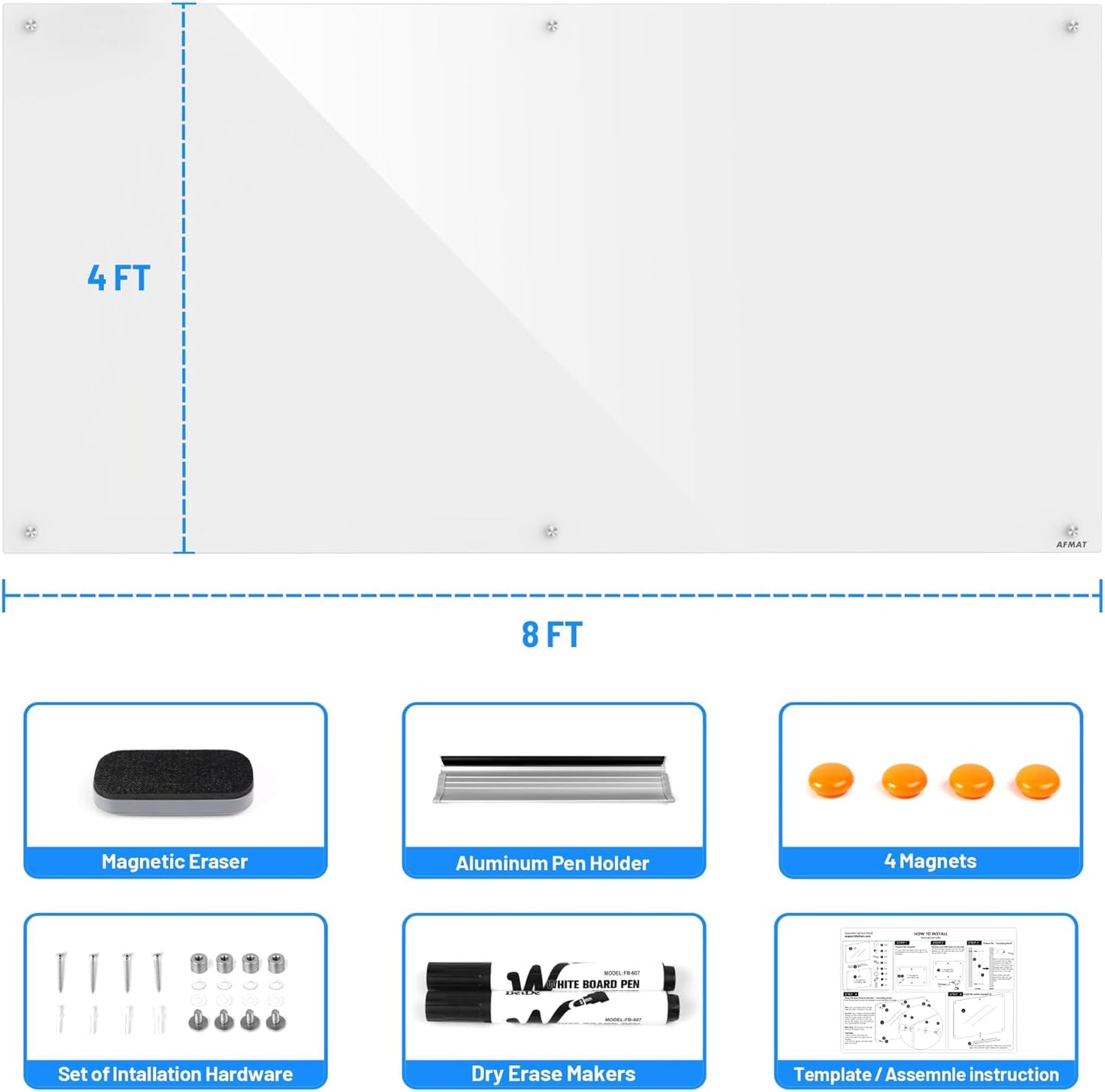 Magnetic Glass Dry Erase White Board, 8' x 4' Glass Whiteboard, Long-Lasting Tempered Glass, Strong Magnetic Surface, 2 Markers, No Ghost After