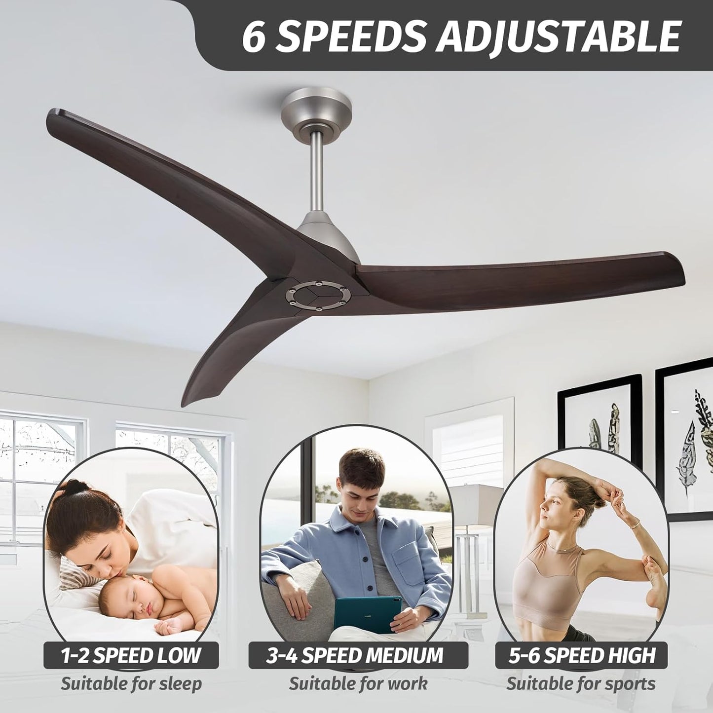 Morkefan 54 inch Ceiling Fan no Light,Wood Ceiling Fans with 6-Speed Reversible DC Motor,Timer,Unique Ceiling Fan for Kitchen Bedroom Living Room