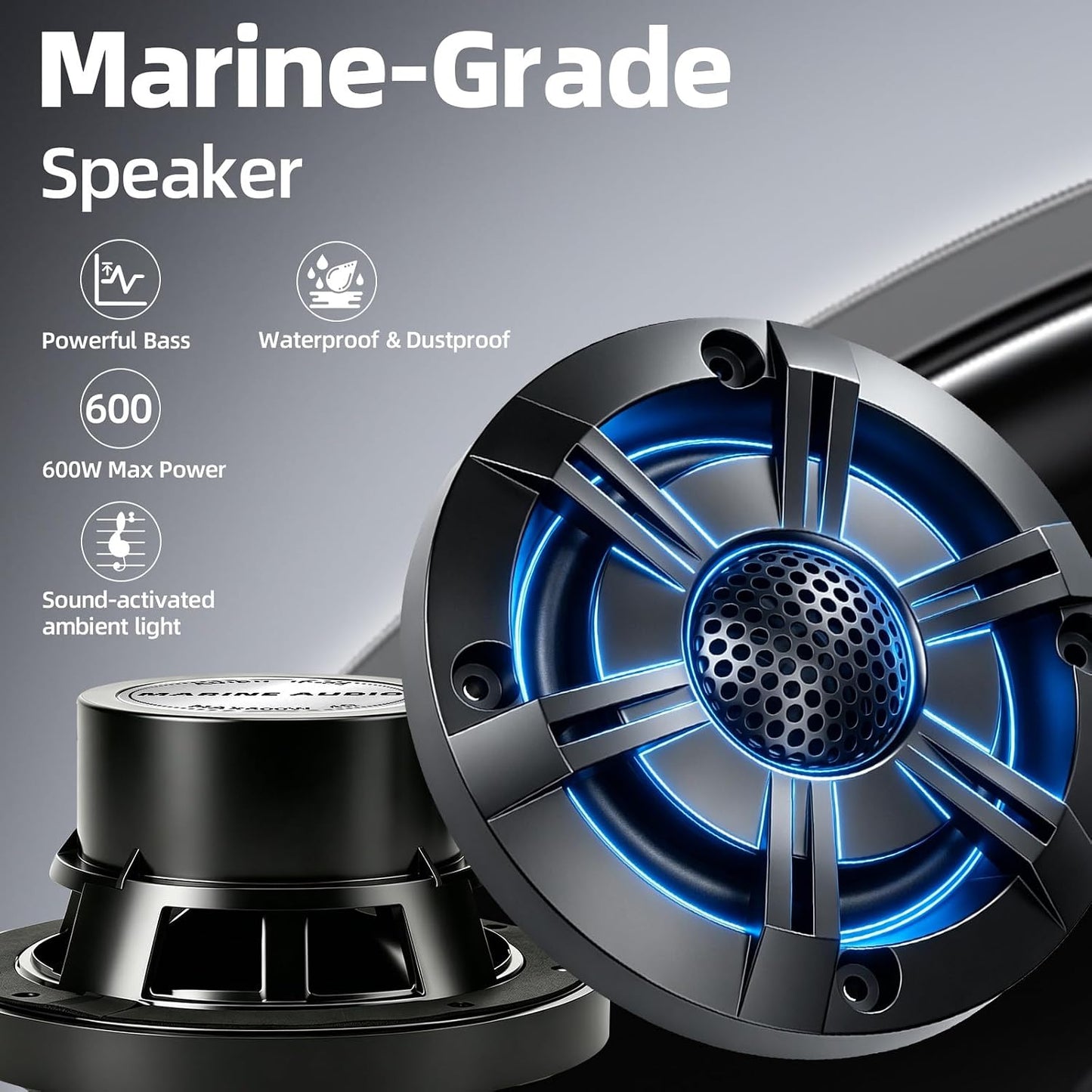 4" 600W Marine Speakers, IP-X6 Waterproof Boat Stereo Speakers with LED Lights,Coaxial Audio, Y35 Woofer, UV & Salt Spray Resistant (Pair, Black，A)