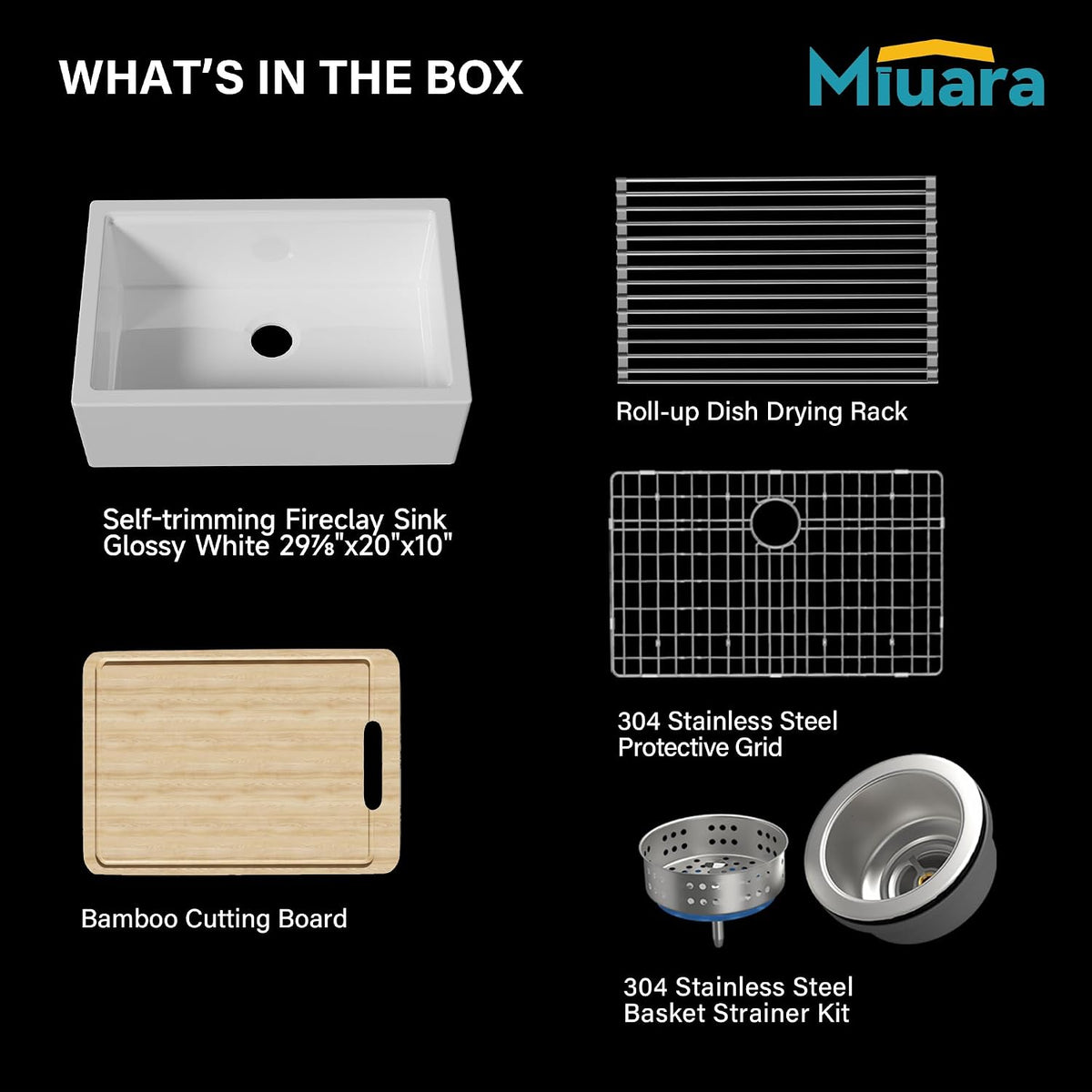 Miuara 30 x 20 Inch Self Trimming Farmhouse Workstation Kitchen Sink White Glossy White 30"x20"x10"