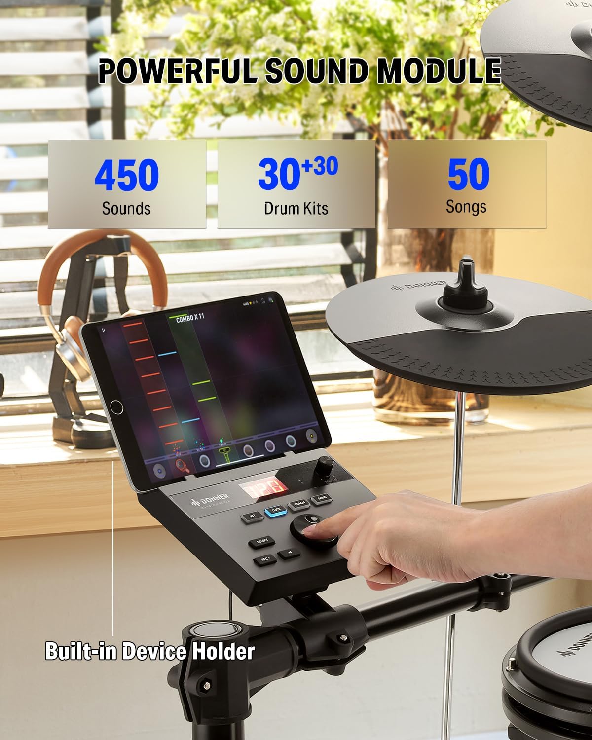 Donner Electric Drum Set for Beginners, Electronic Drum Kit with Quiet Mesh Pads, Bluetooth, Drumsticks, Throne, 5 Pads 3 Cymbals Digital Drum, DED-100(2026)
