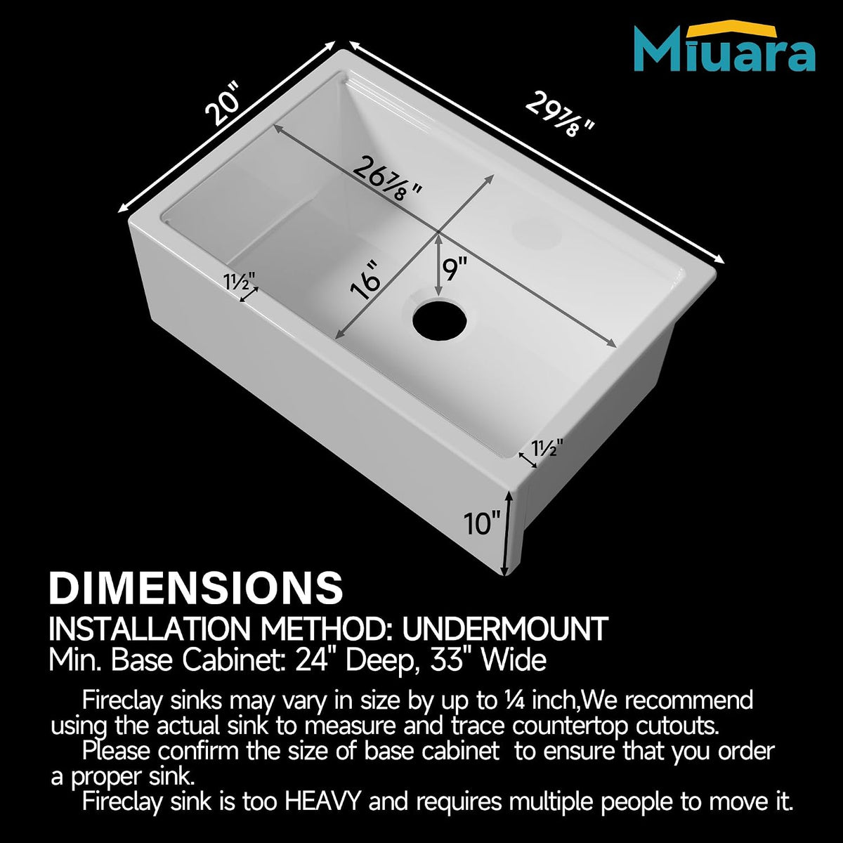 Miuara 30 x 20 Inch Self Trimming Farmhouse Workstation Kitchen Sink White Glossy White 30"x20"x10"