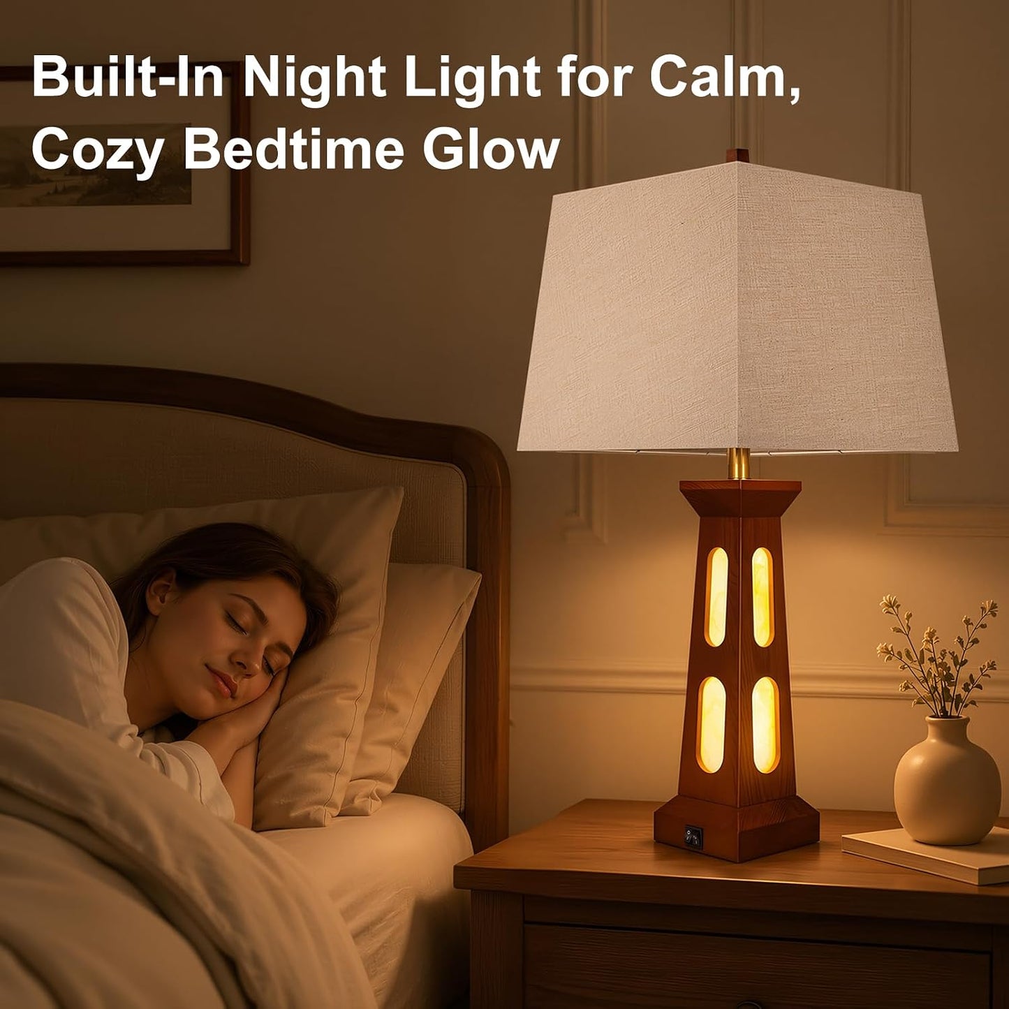 Scenekoy 28" Wooden Traditional Table Lamps Set of 2 for Living Room Office | Night Light, Square Linen Shade, USB C+A Charging Ports, LED Bulb Included, Bedside Lamp, Bedroom Table Lamp, Nightstand