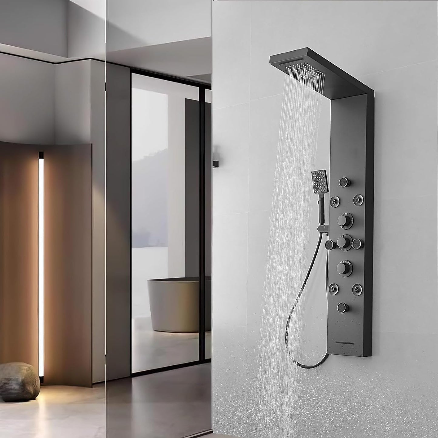 5 IN 1 Rainfall Waterfall Shower Panel with Handheld Shower Matte Black Stainless Steel Shower Tower Panel System Massage Body Jets with Tub Spout