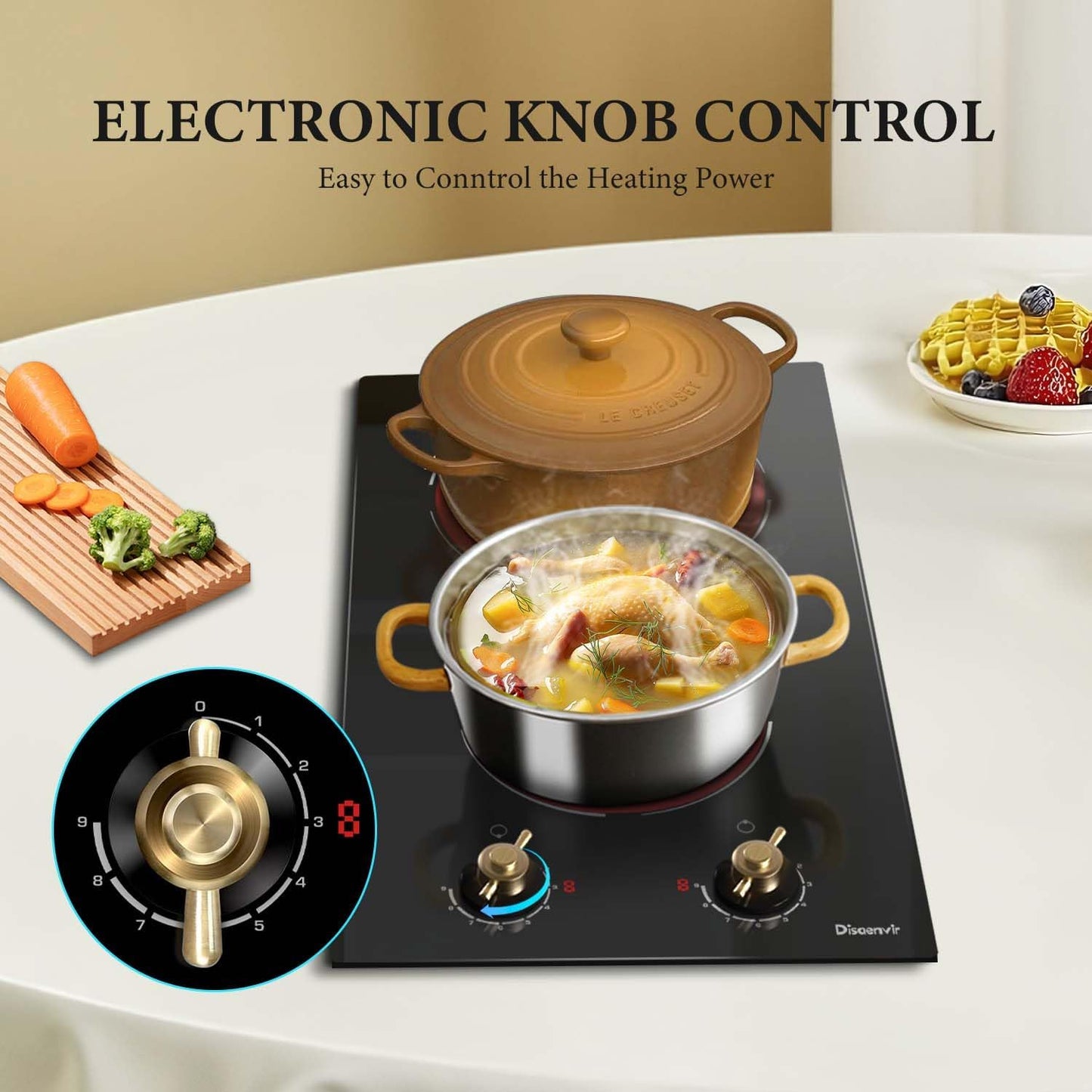 2 Burner Electric Cooktop - 12 Inch Electric Stove Top 3000W, 220V Drop-in Ceramic Cook Top with Retro Knob, 9 Power Heating Level, 220-240V Hard