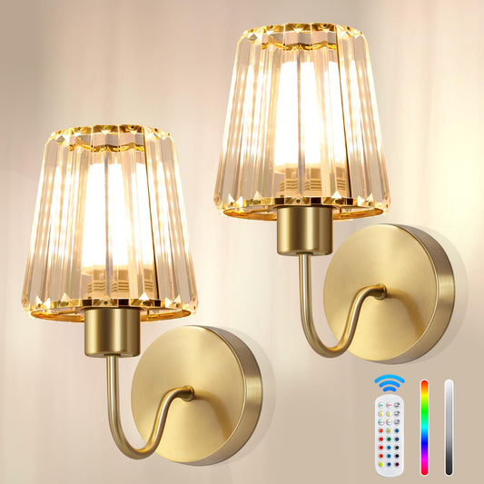 Wireless Sconces Wall Decor Set of 2，Rechargeable Battery Operated Wall Sconce with Remote, 15 Color Dimmable Wall Lights with Crystal Lampshade, Gold Wall Lamp Decor for Home Bedroom Living Room