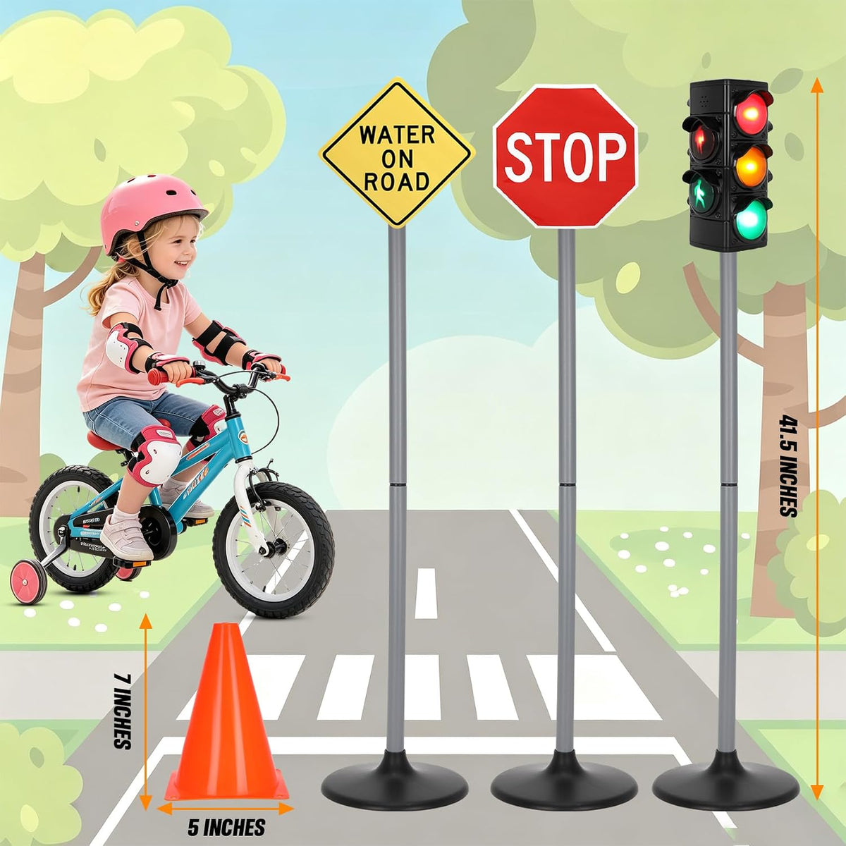 Large Traffic Signs Playset (36PC Set), 42in Tall Street Sign and Traffic Light Set for Kids, Educational Road Signs for Ride-On Cars, Bikes, Indoor/Outdoor Play