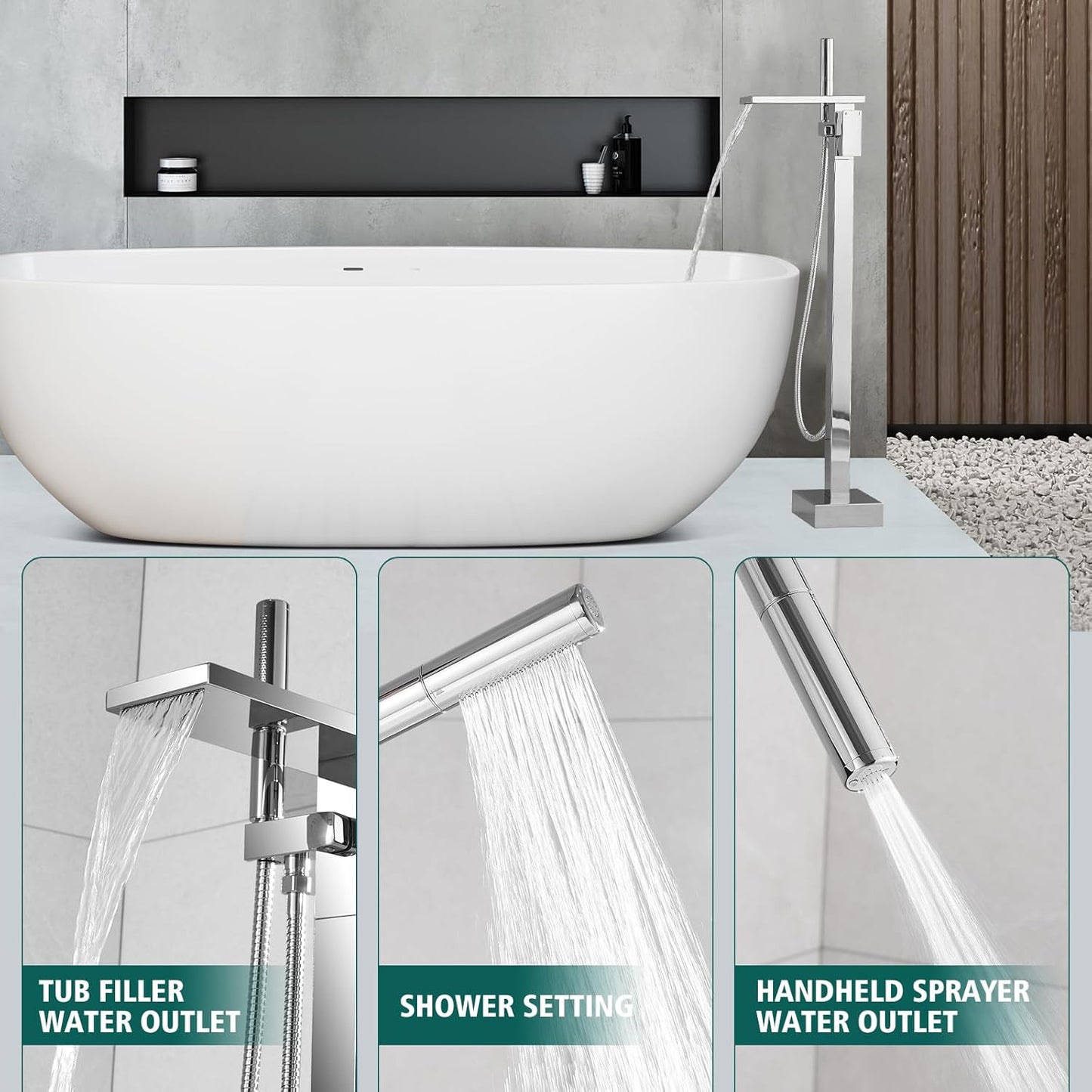 Hoimpro Freestanding Bathtub Faucet Waterfall Tub Filler Chrome Floor Mount Brass Single Handle Bathroom Tub Faucets with 2 Function Hand Shower Wand