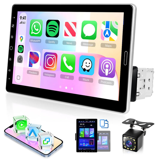 MAHVEC 10.1'' Single Din Car Stereo with Wire/Wireless CarPlay Android Auto | HD IPS Mipi Rotatable & Adjustable Touchscreen Radio with 5.2BT,FM/AM/RDS Radio,Mirror Link,SWC,USB Charging,Backup Camera