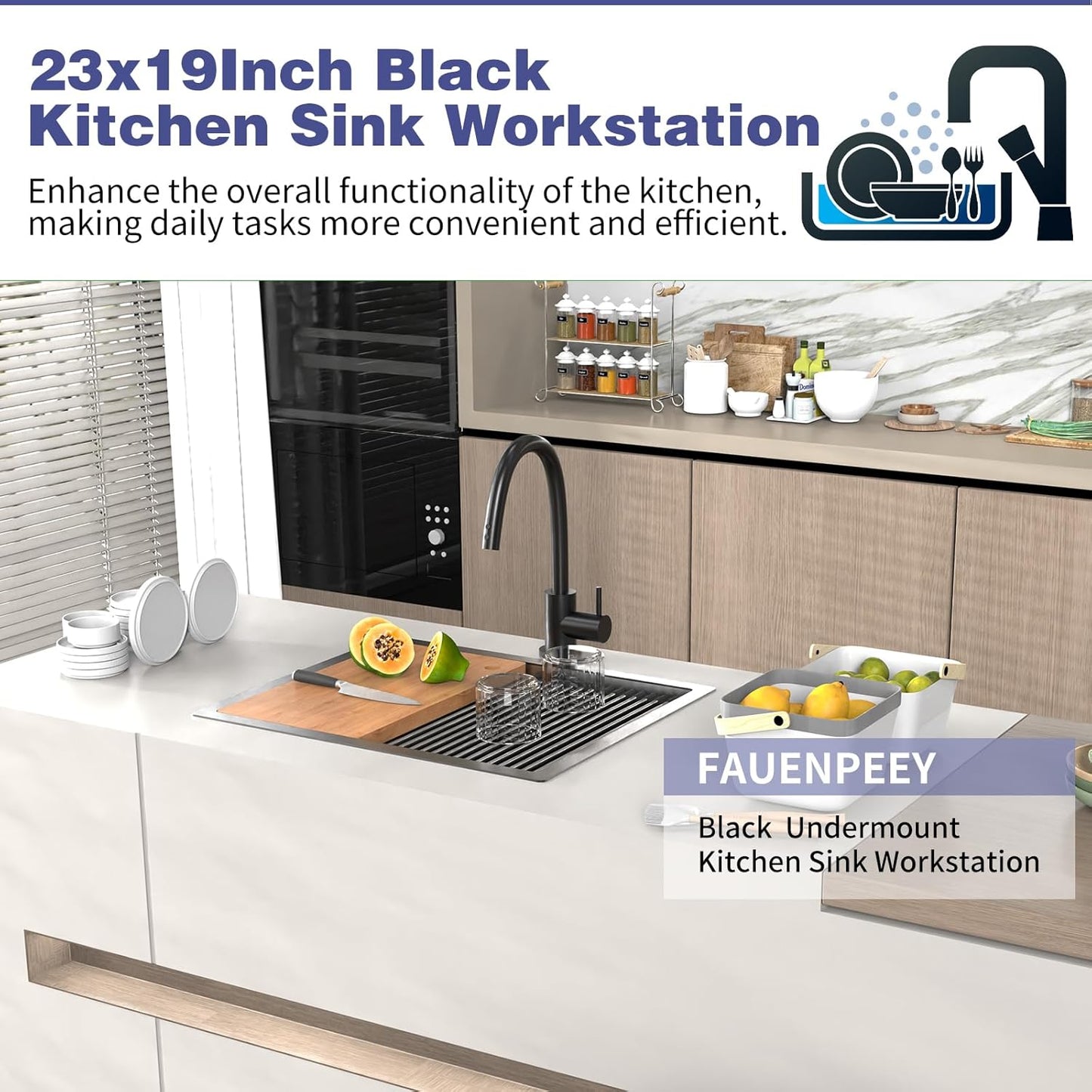 Black Kitchen Sink Workstation, 23'x19' Stainless Steel Undermount Single Bowl Kitchen Sink Built-in Ledge Drop In Wo