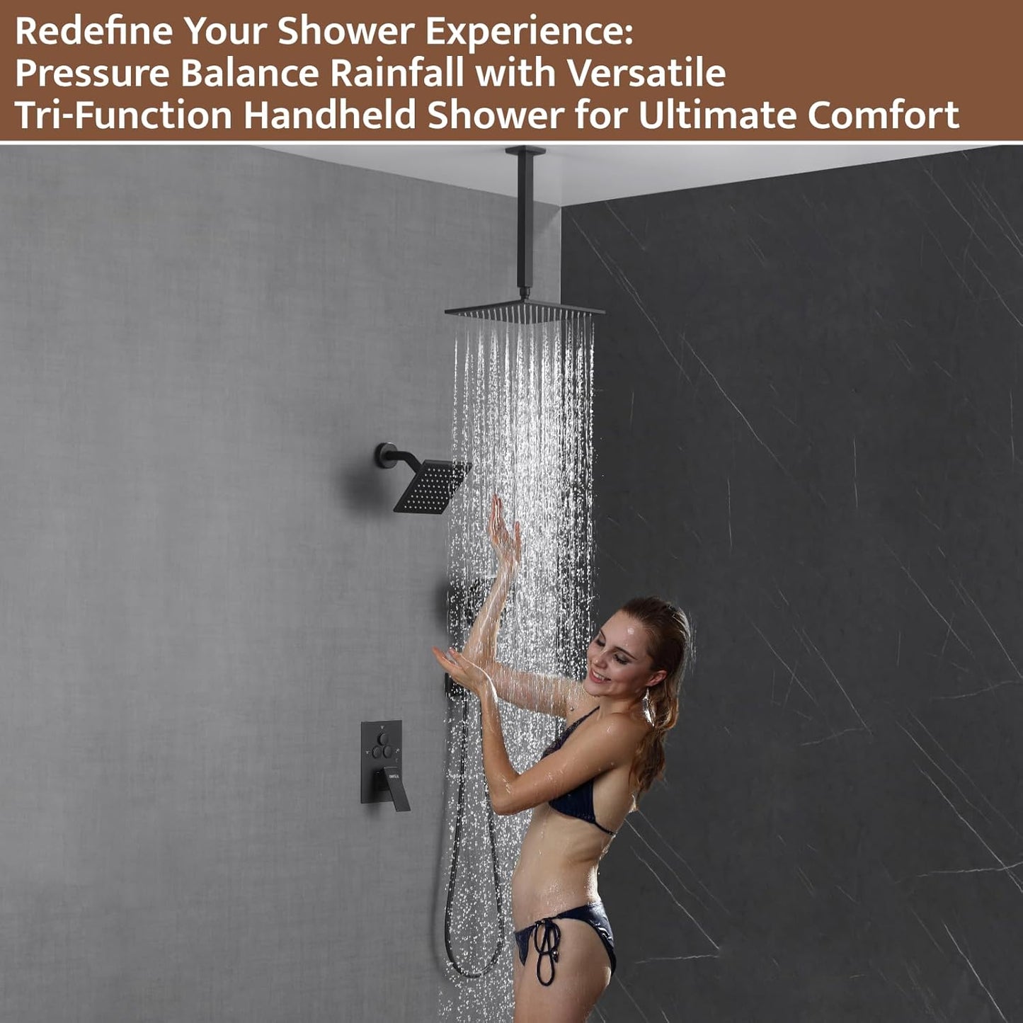 Shower System Matte Black Wall Mount Shower Faucet Set with 10 Inch Shower Head, Push Button Diverter Shower Fixtures with 3 in 1 Handheld,6 Inch