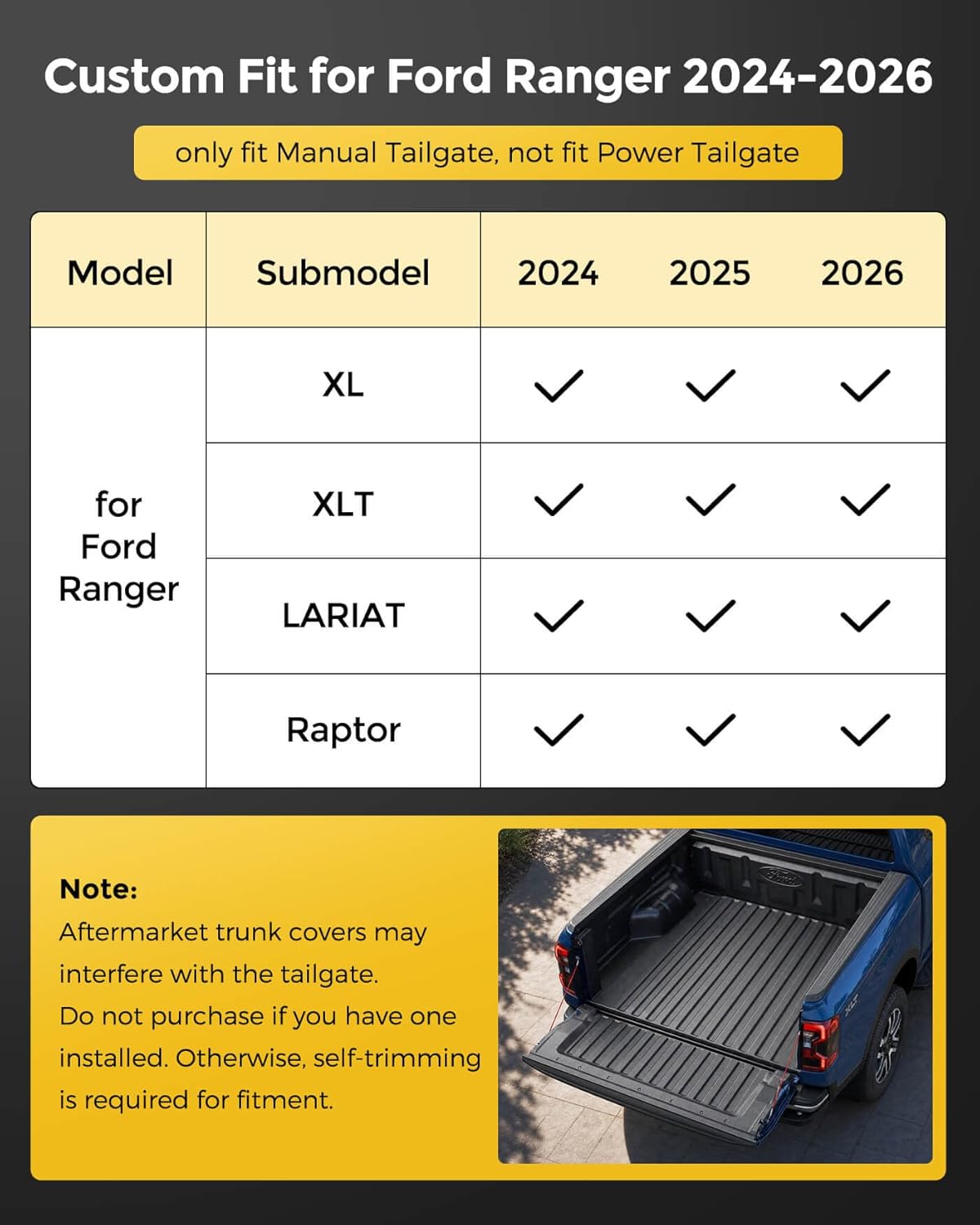 Truck Bed Mat &Tailgate Liner for Ford Ranger 2026 2025 2024 (5FT, 59.6''), All Weather TPE Cargo Mat for Ford Ranger 2024-2026 Accessories