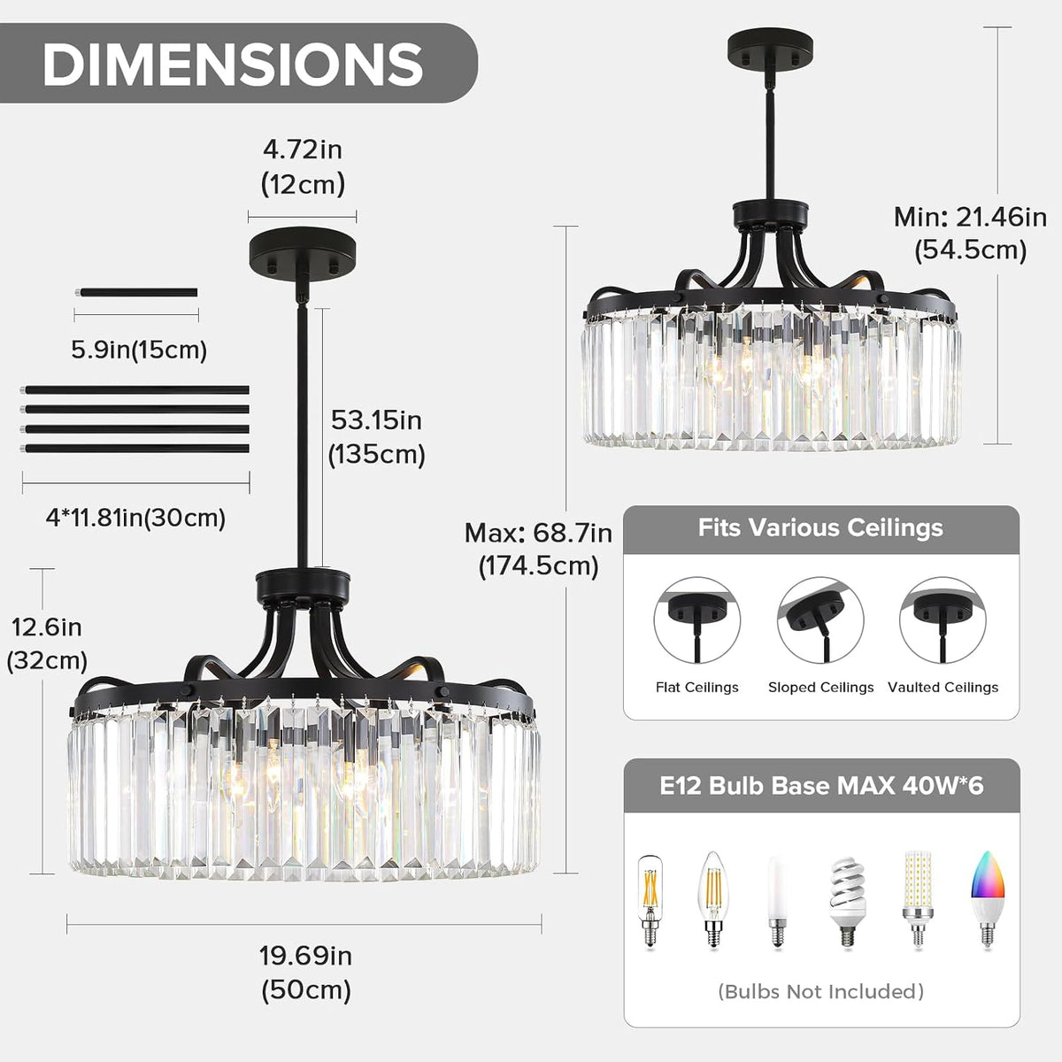 6-Light Modern Crystal Chandeliers, 20'' Black Chandeliers for Dining Room
