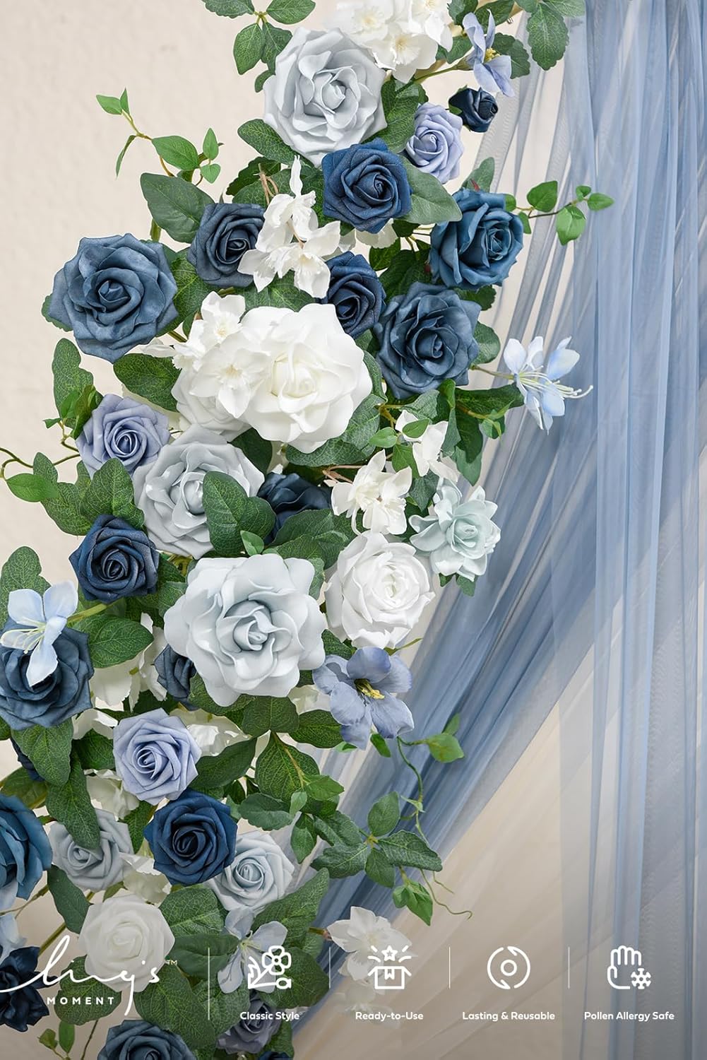 Ling's Moments Wedding Arch w/ Flowers, 7.2ft & 6ft Set of 2 Metal Arches (Dusty Blue, Navy)