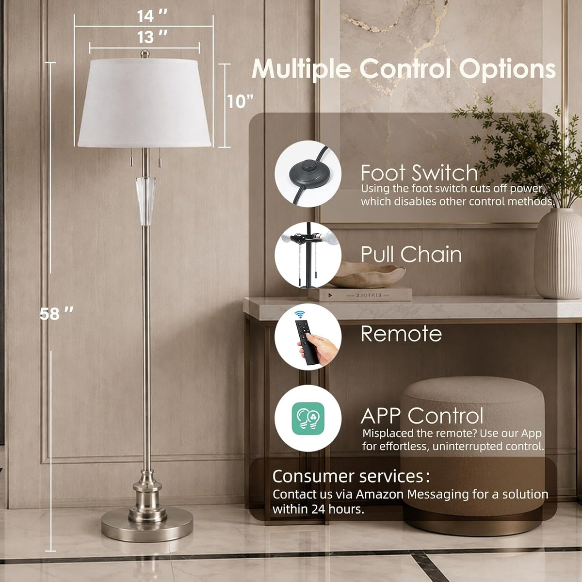 58’’ Dimmable Living Room Floor Lamp with Remote Control(Bulbs Included)