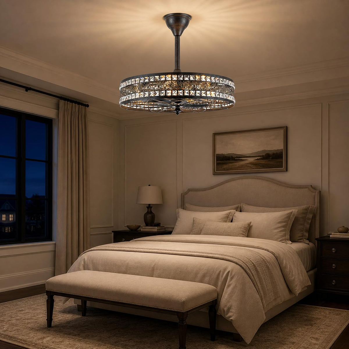 Antique Bronze Chandelier Ceiling Fan with Light,Crystal Caged Fandelier