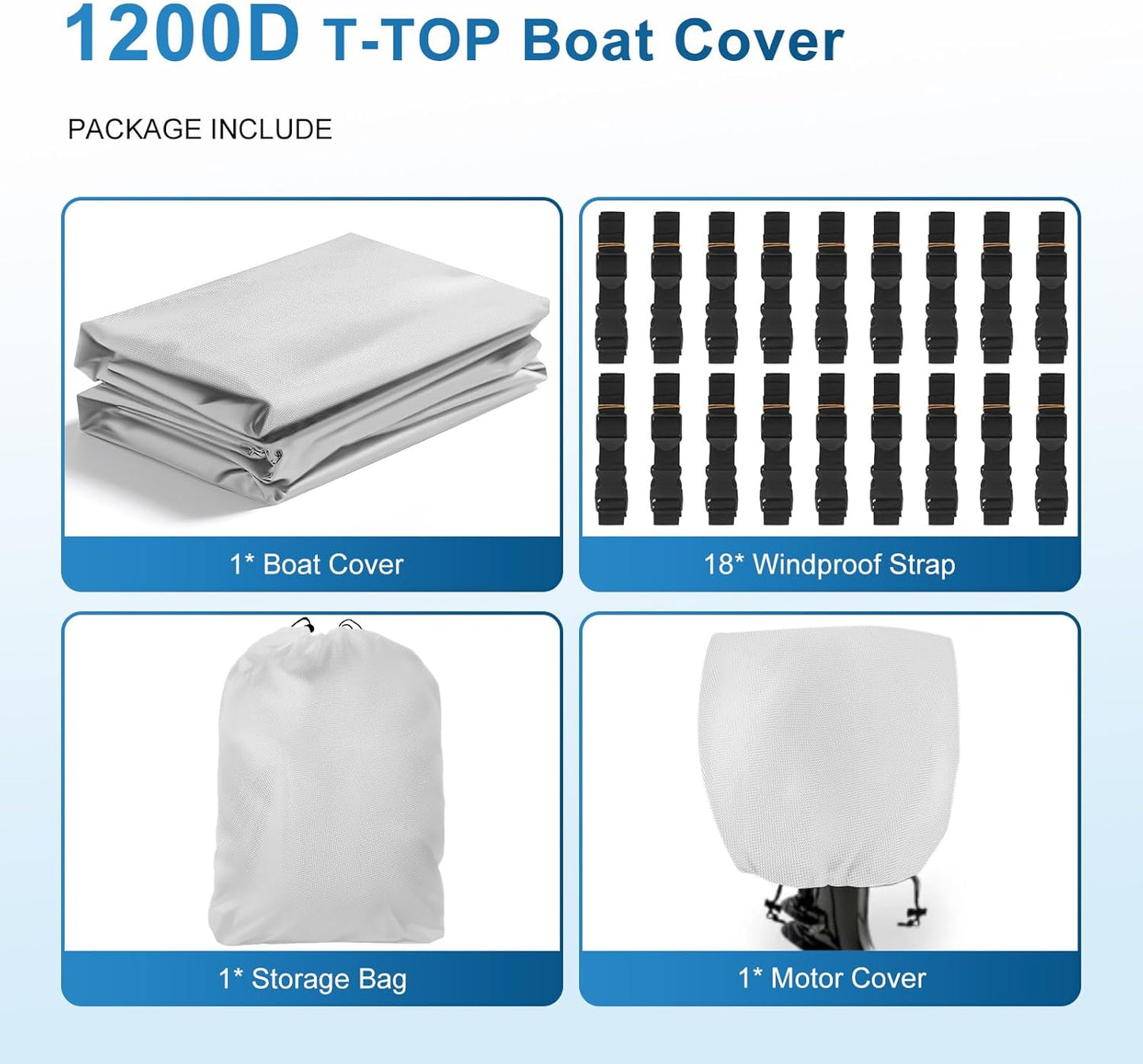 T-TOP Boat Cover 20-22ft, 1200D PU Heavy Duty Marine Grade Cover with Motor Cover, Waterproof UV Resistant Oxford Polyester Canvas Cover for T-TOP Boat 20-22 ft, Grey