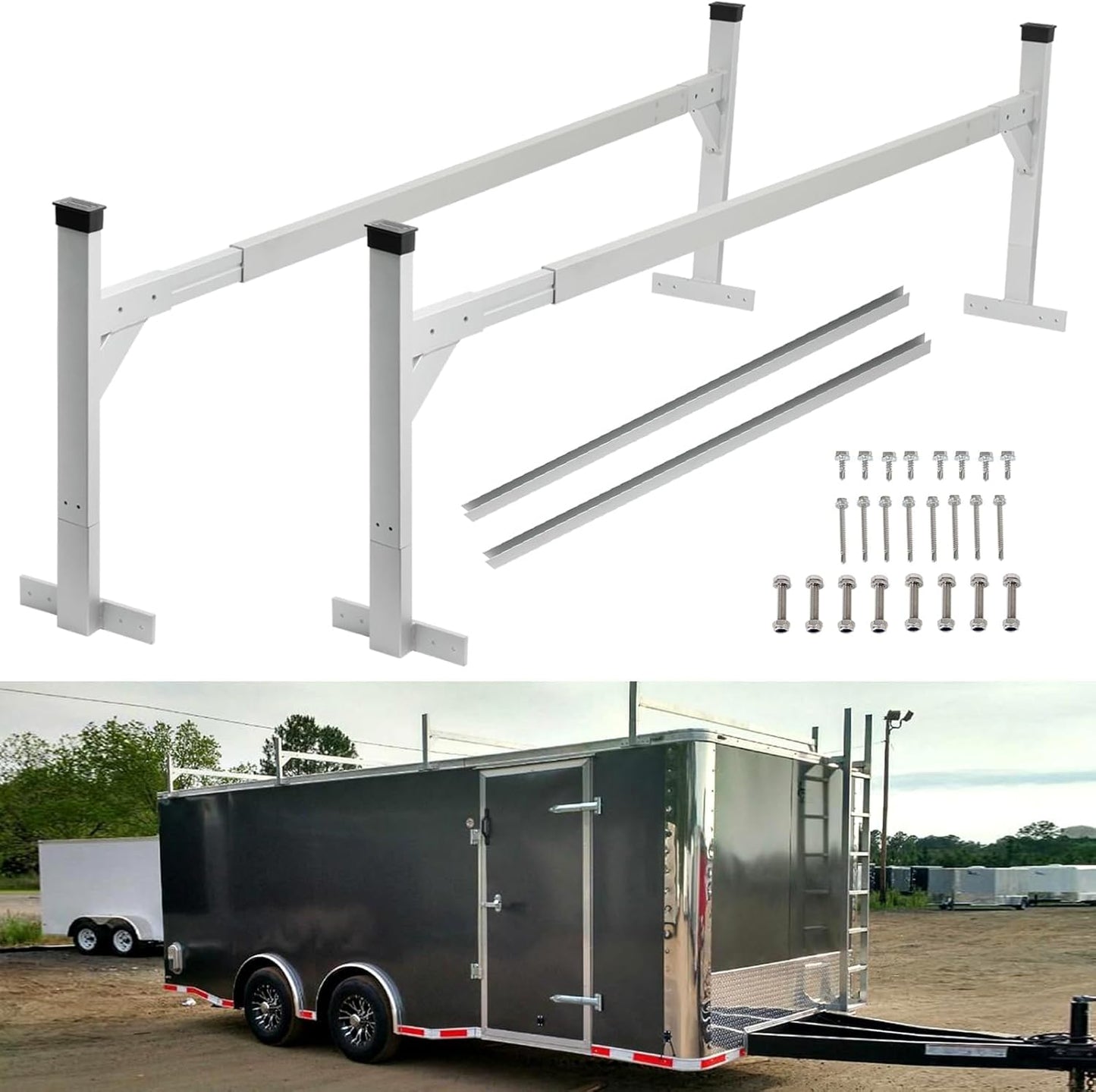 OUTPRIZE Aluminum Trailer Ladder Rack, 6FT to 9FT Adjustable Trailer Roof Ladder Rack for Universal Enclosed and Open Trailers, 400 lbs Capacity,